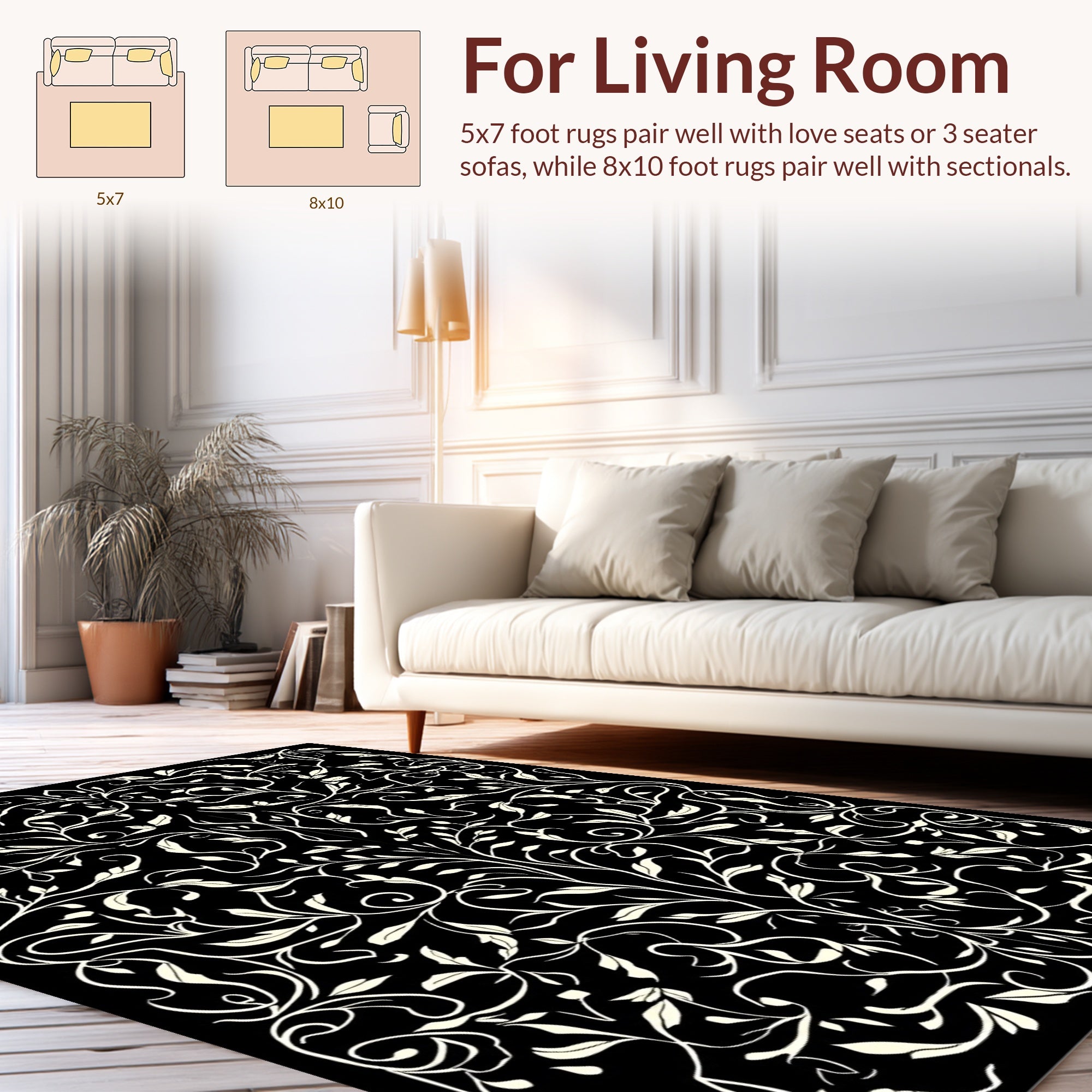 Ornate Black and White Floral Vines Rug