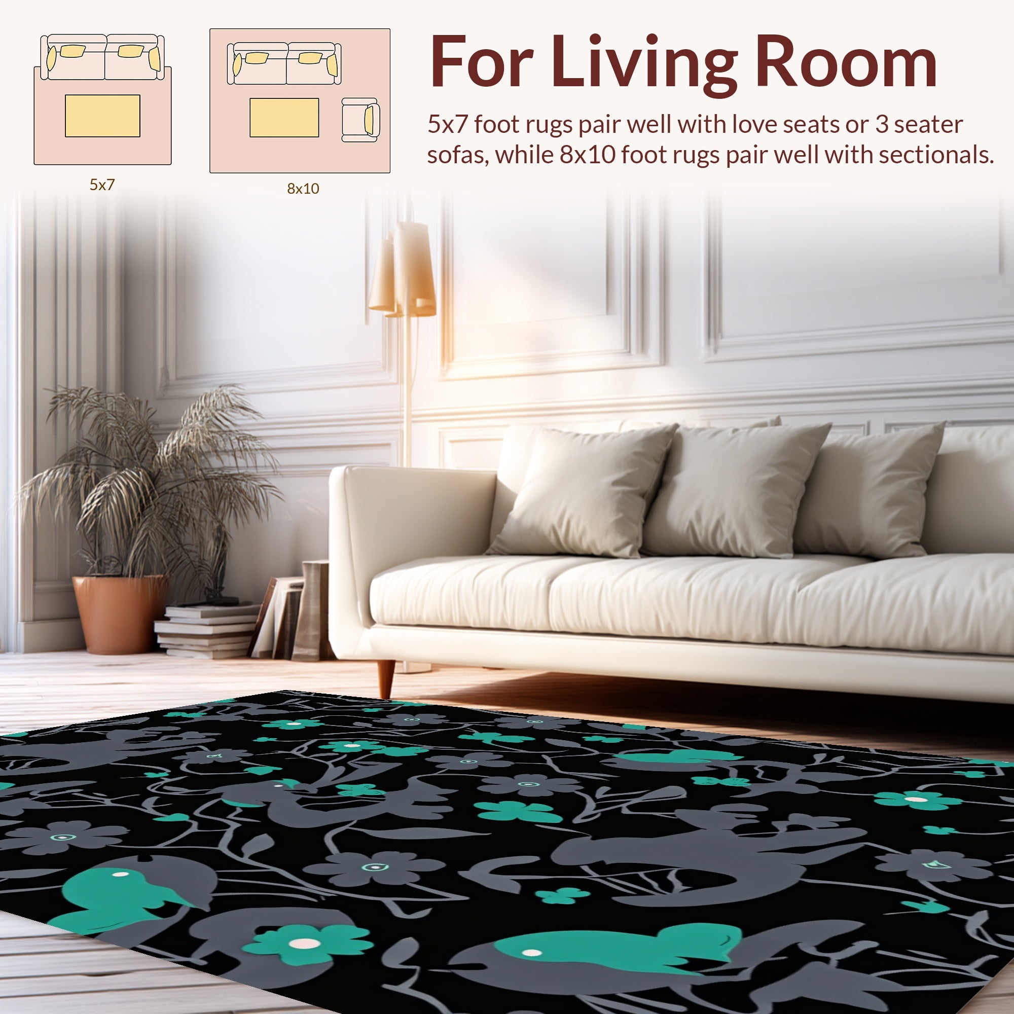 Dark Grey Teal Floral Bird Pattern Rug