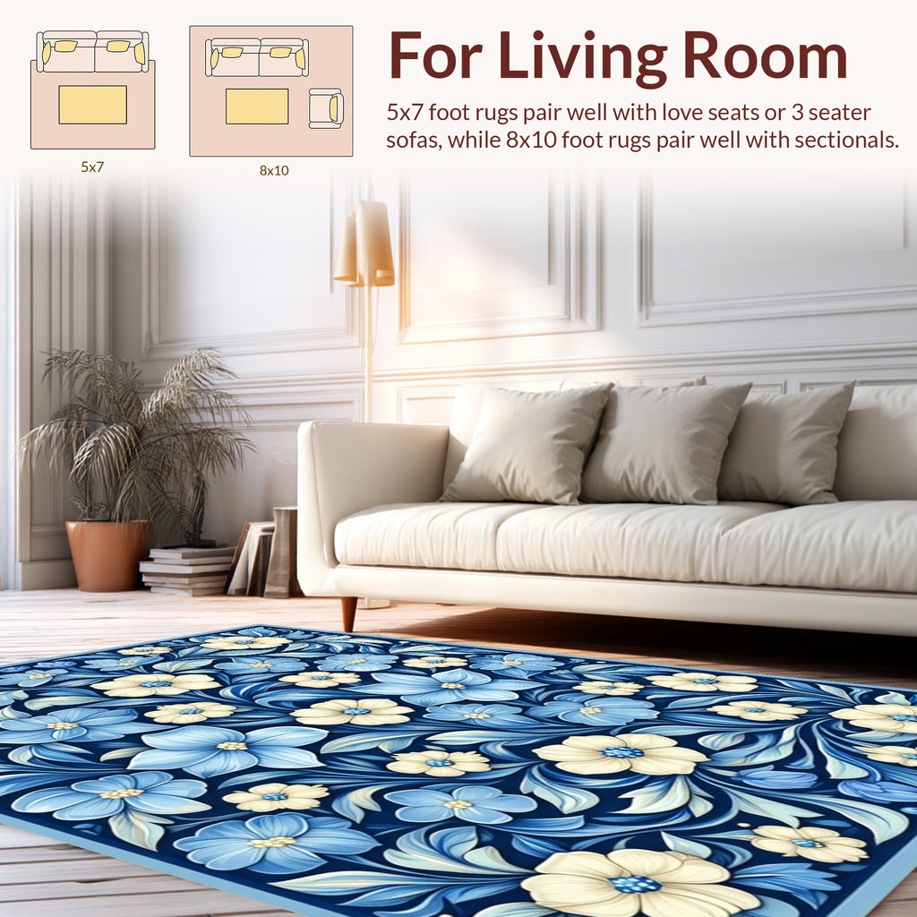 Blue Cream Floral Garden Pattern Rug