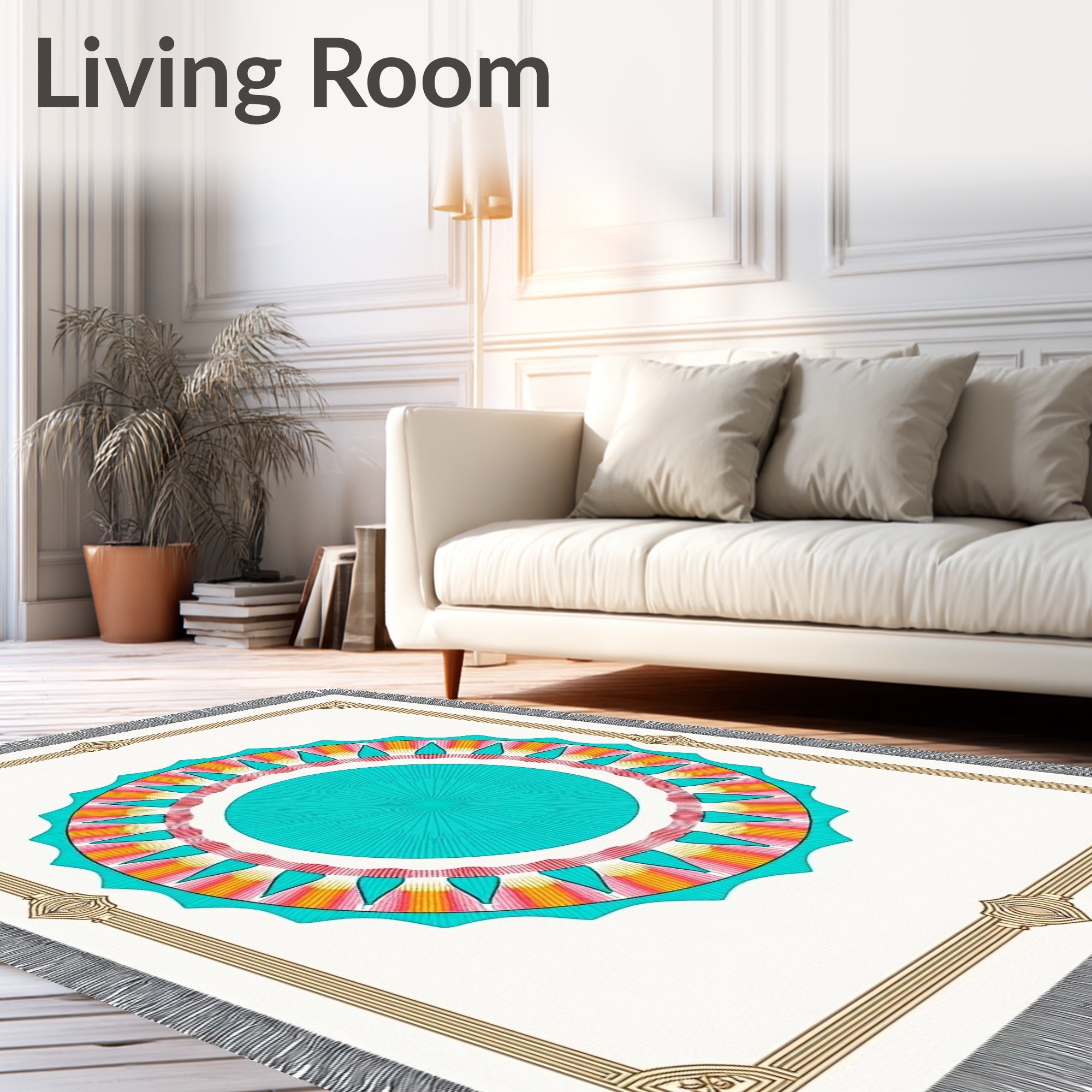 Vibrant Sunburst Mandala Border Rug