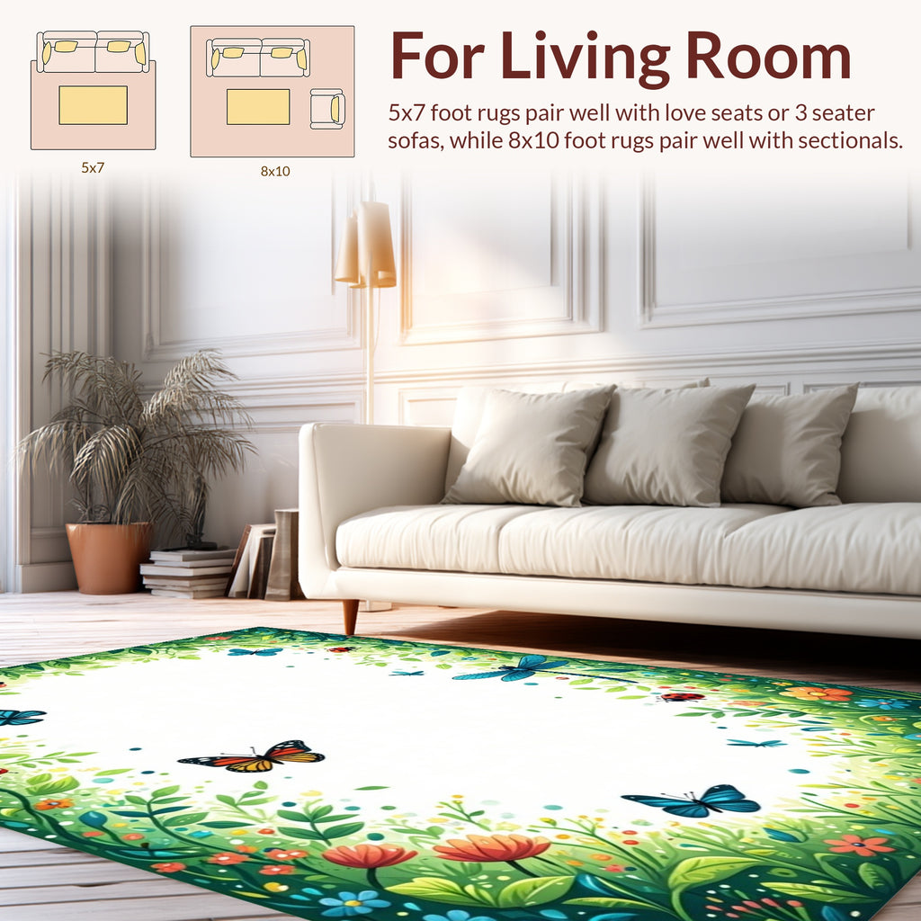 Whimsical Garden Butterflies Dragonflies Scene Rug