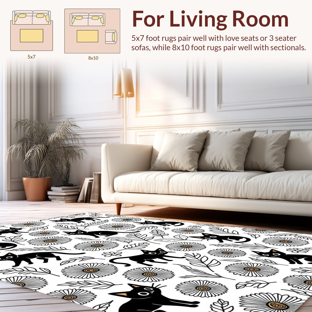 Black Cats Daisies Patterned Rug