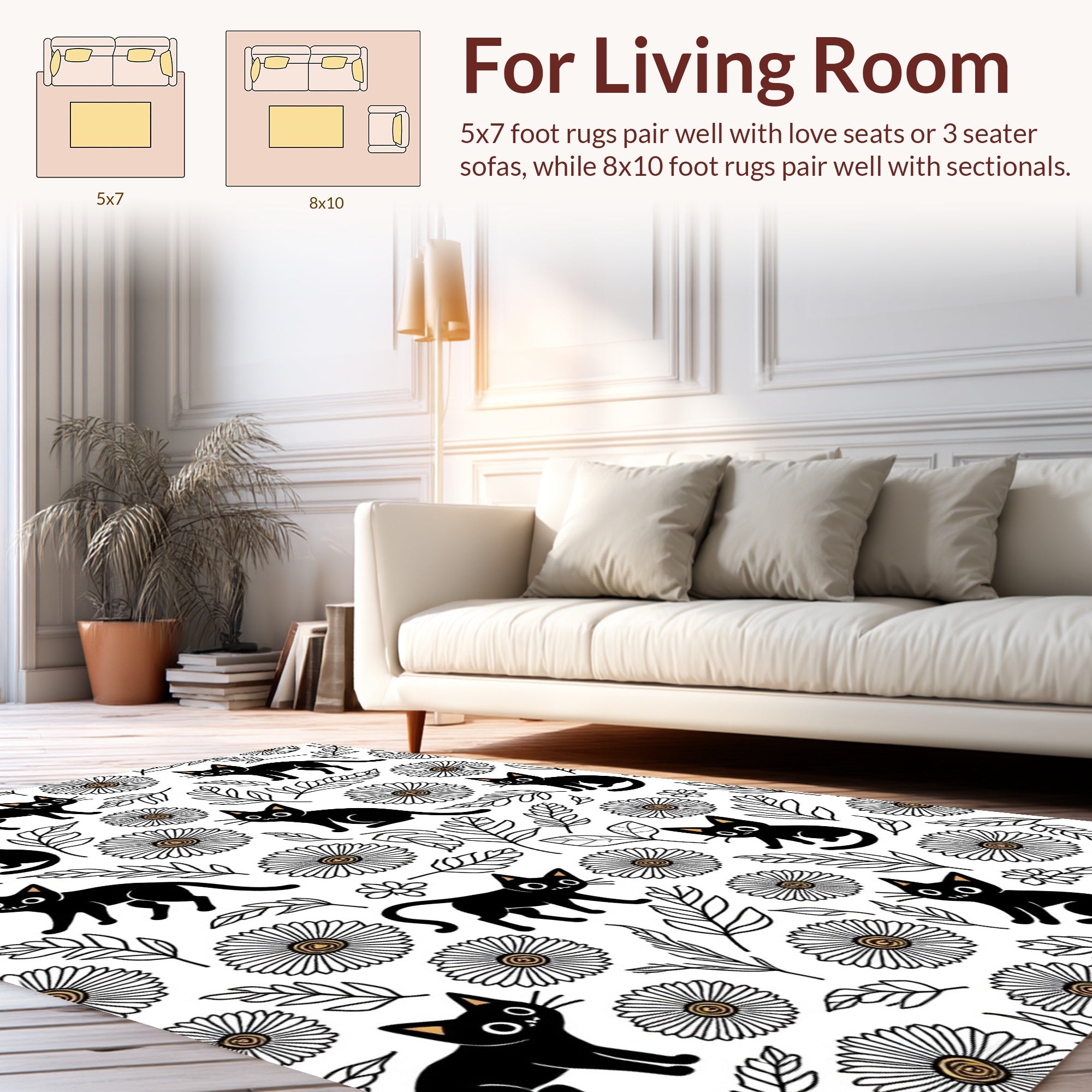 Black Cats Daisies Patterned Rug