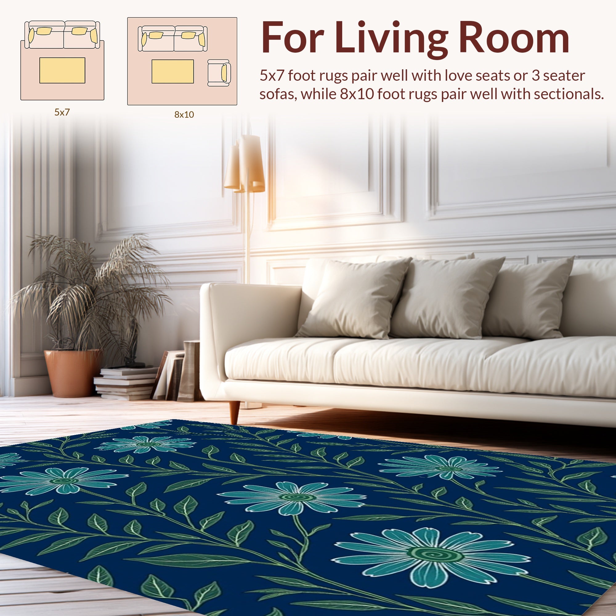 Coastal Daisy Pattern With Navy Background Rug