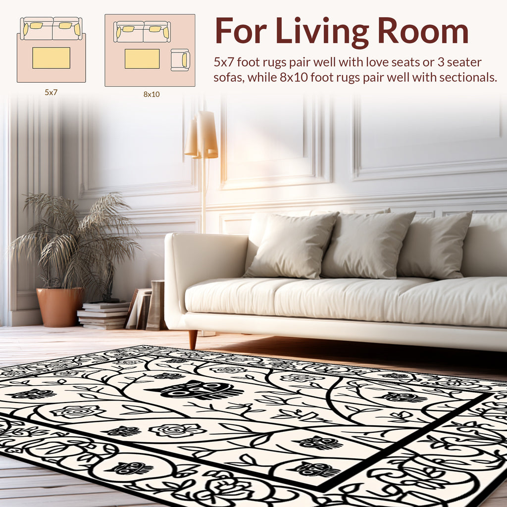 Black White Folk Art Woodland Creatures Rug
