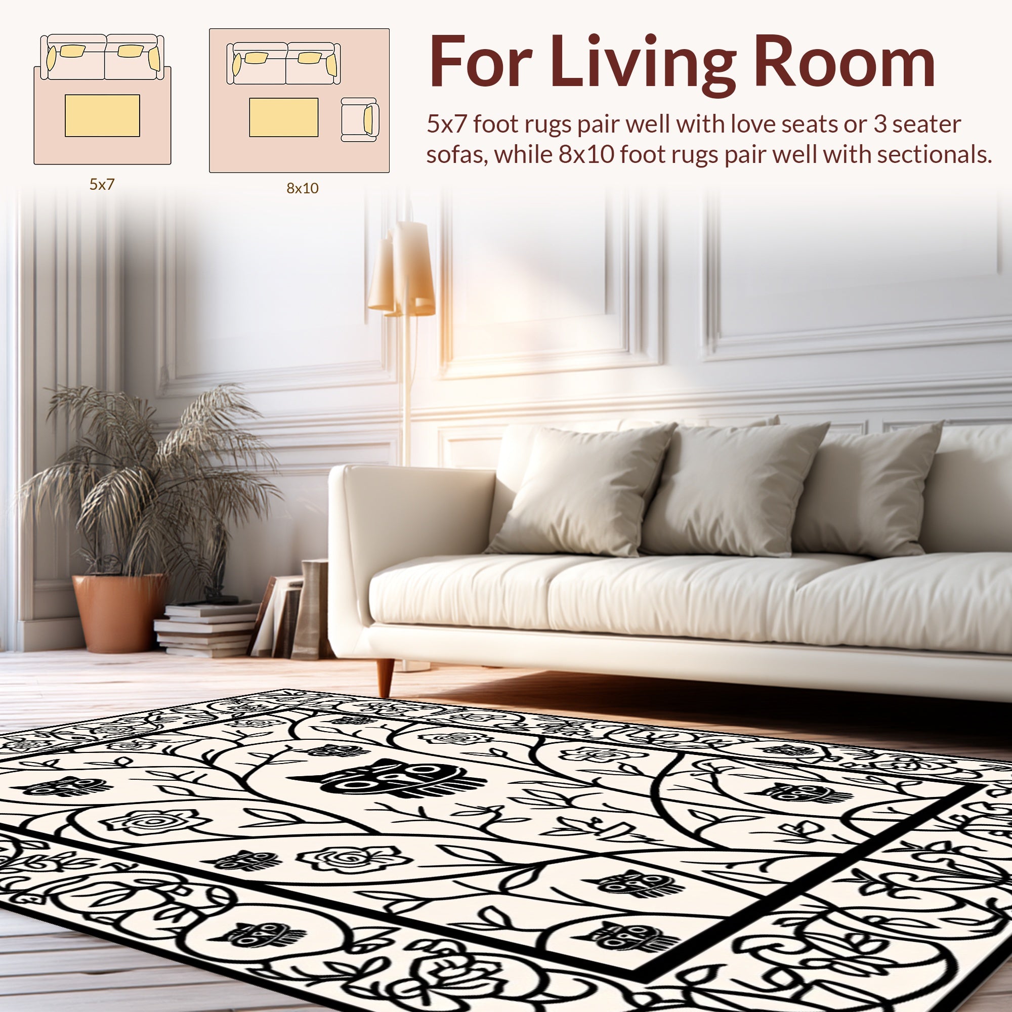 Black White Folk Art Woodland Creatures Rug