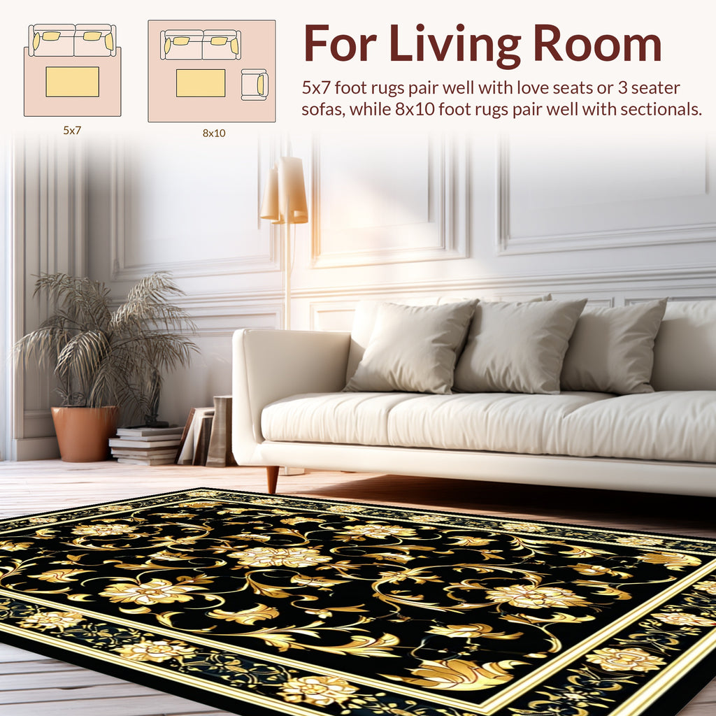 Ornate Gold Black Floral Pattern Rug