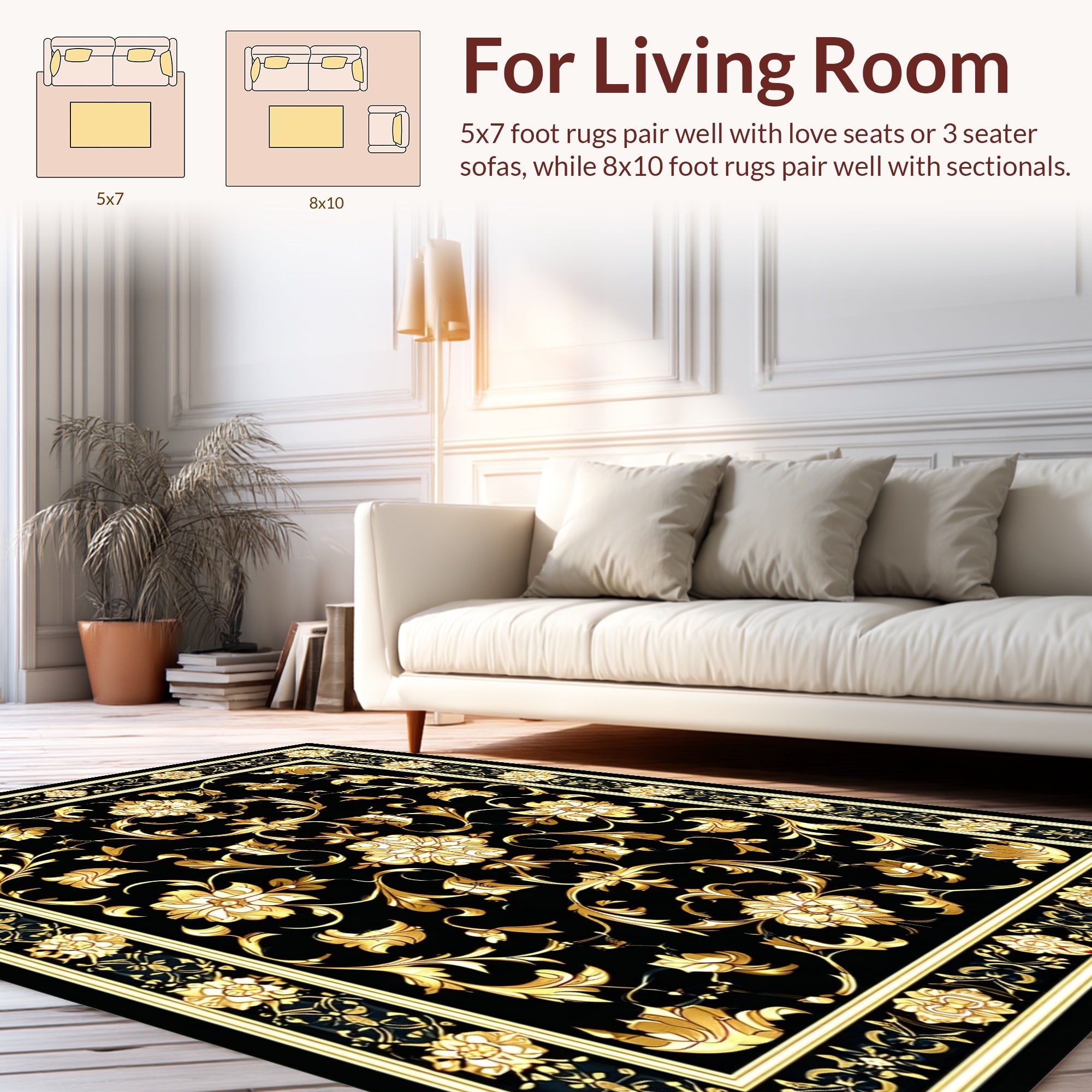Ornate Gold Black Floral Pattern Rug