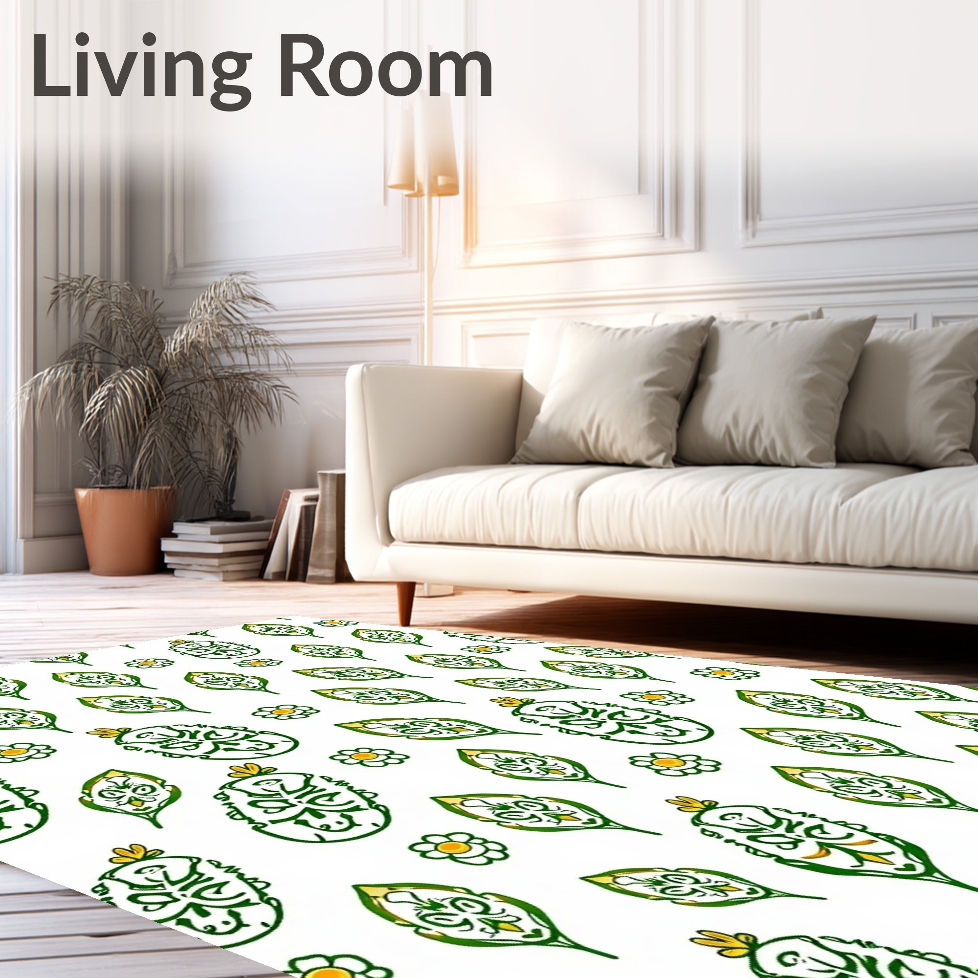 Whimsical Green Leaf Flower Pattern Rug