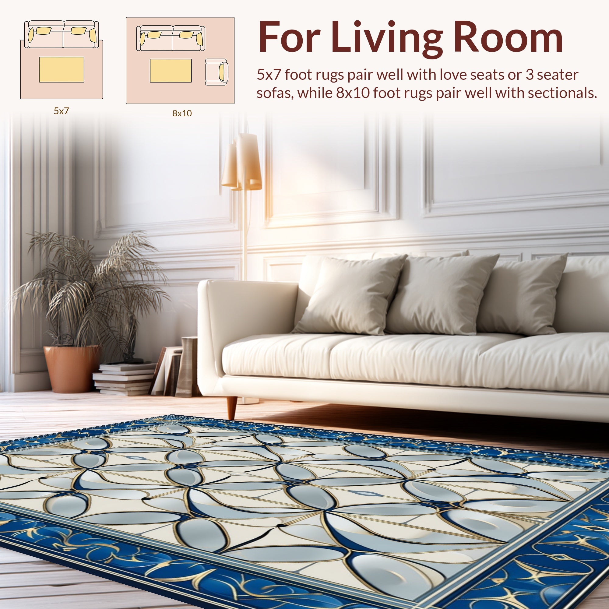 Elegant Blue Gold Interlocking Petal Pattern Rug