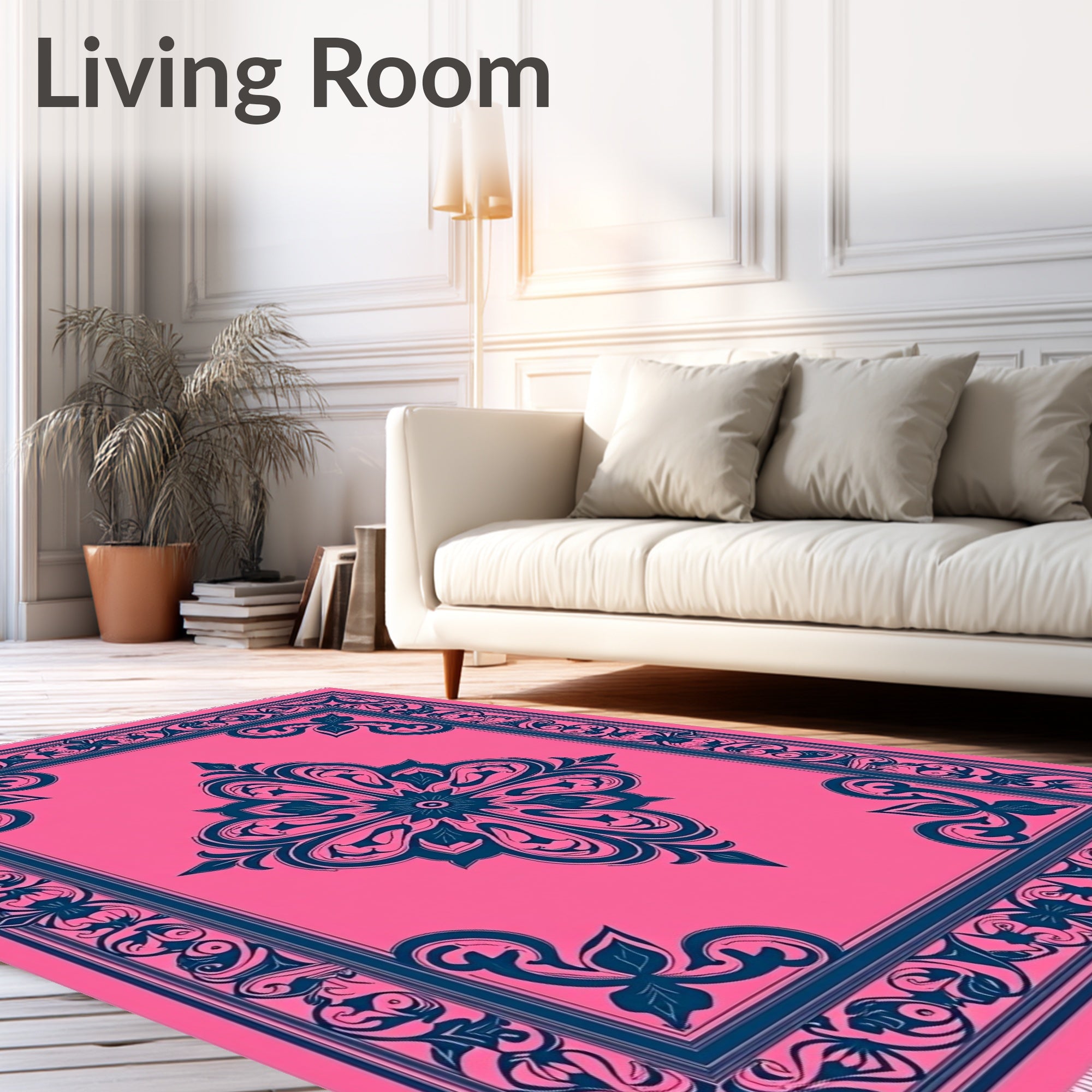 Pink Blue Floral Medallion Border Rug