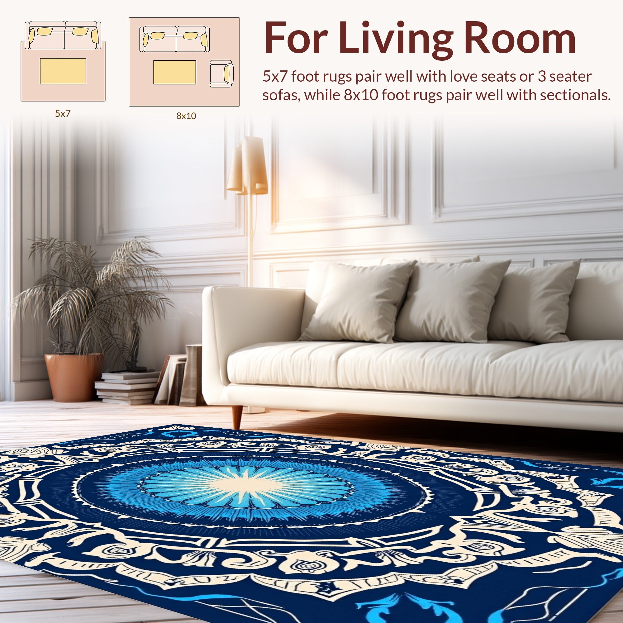 Vibrant Blue Circular Floral Art Rug