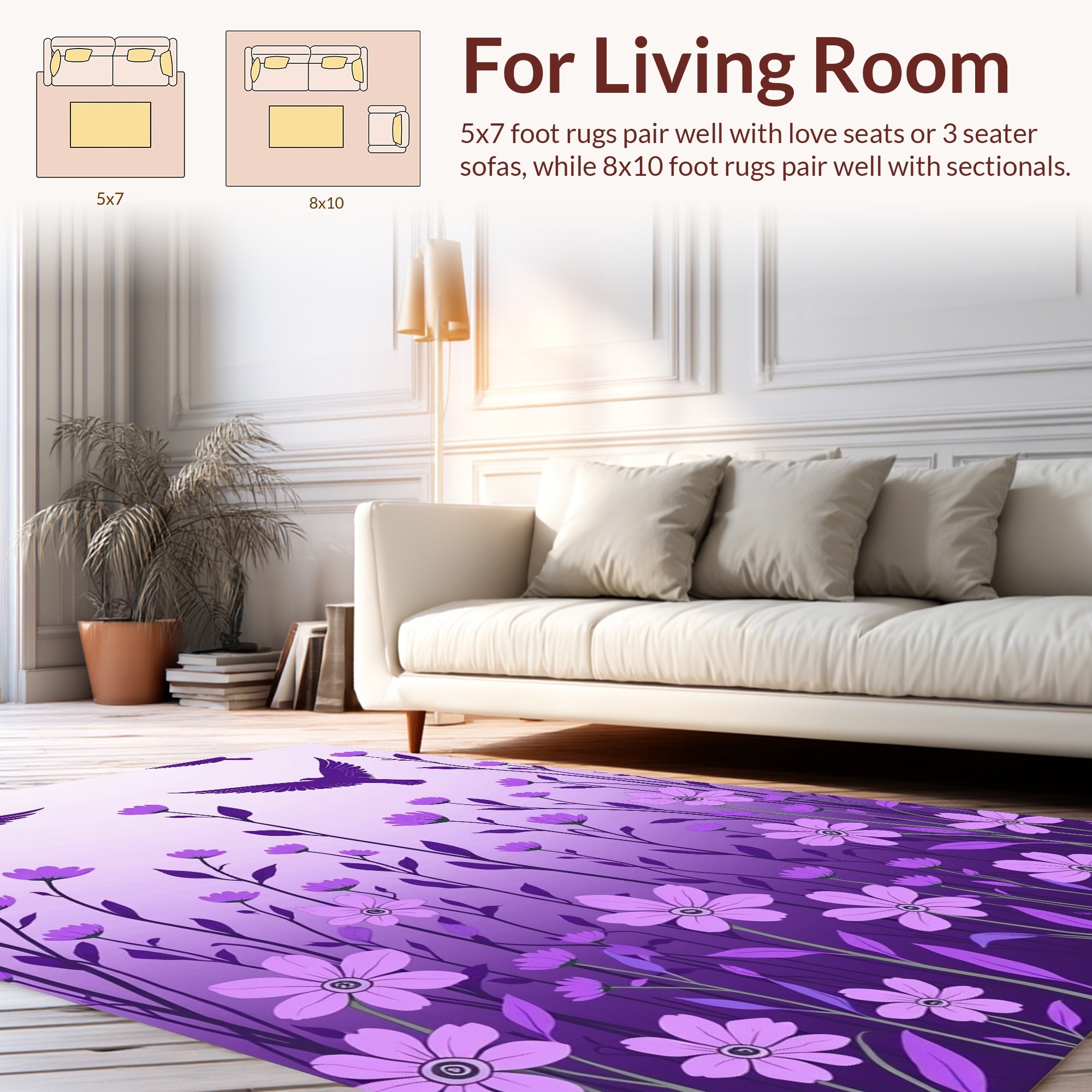 Purple Floral Bird Silhouette Rug