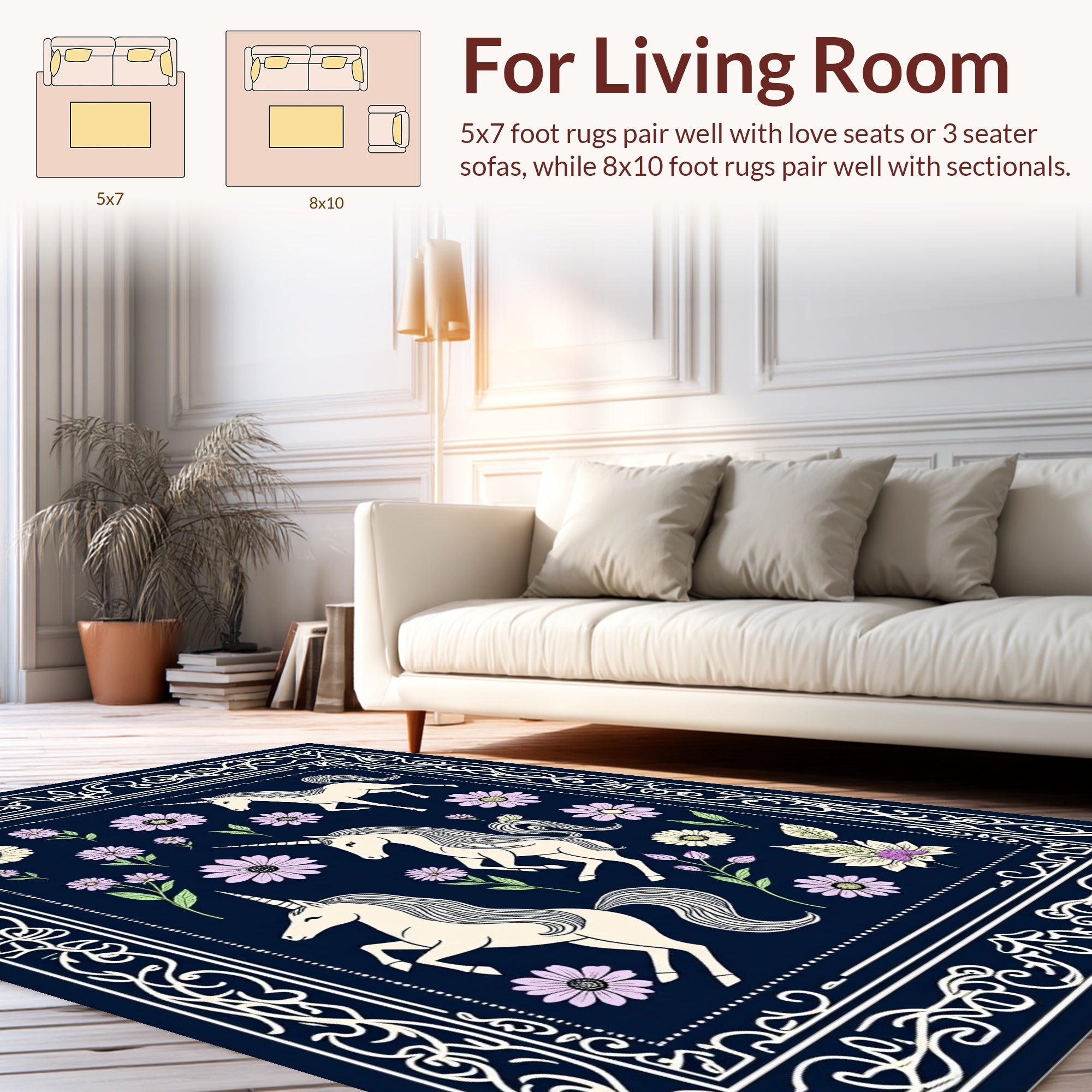 Whimsical Unicorn Floral Meadow Design Rug