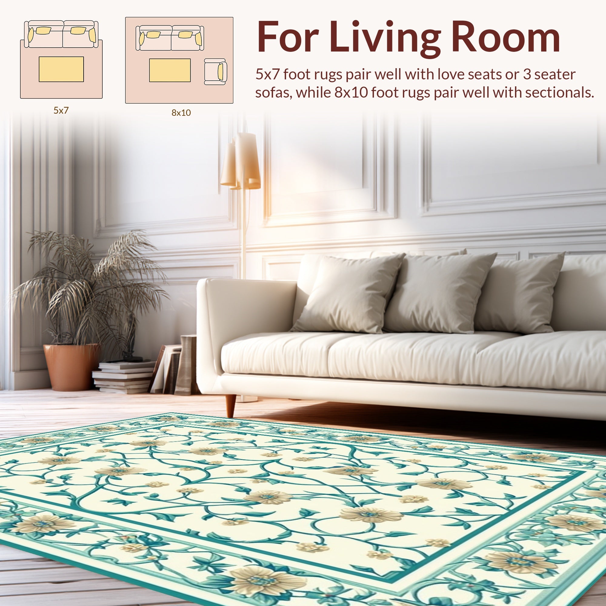 Cream Teal Floral Vine Pattern Rug