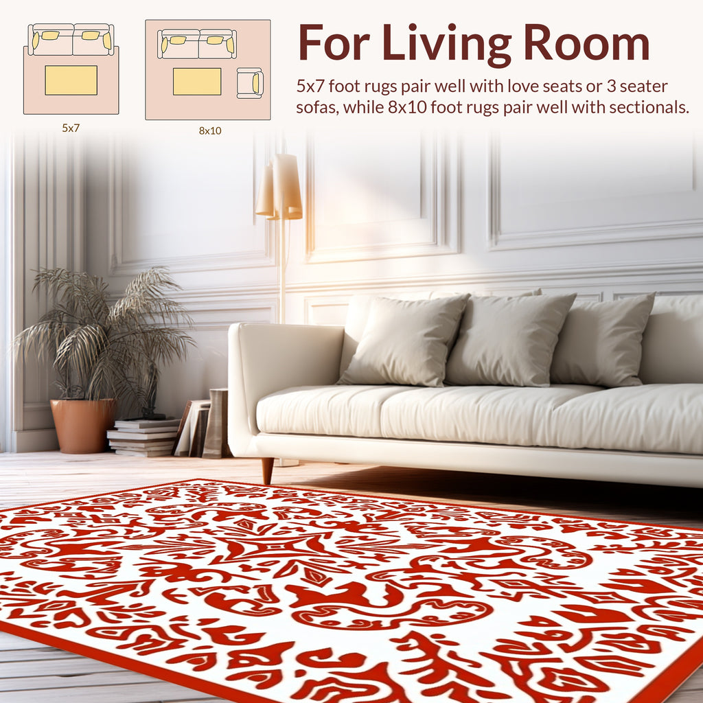 Intricate Red Floral Scrollwork Design Rug