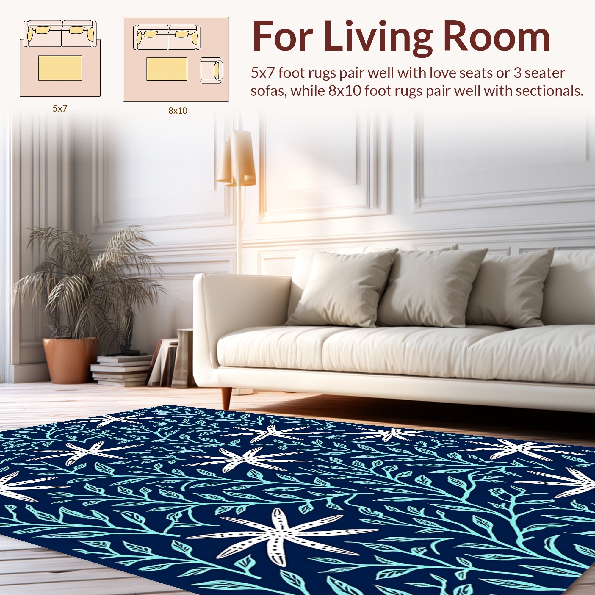 White Starfish with Teal Leaf Pattern Rug