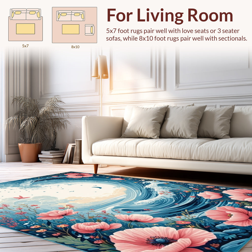 Pink Poppy Floral Ocean Wave Design Rug