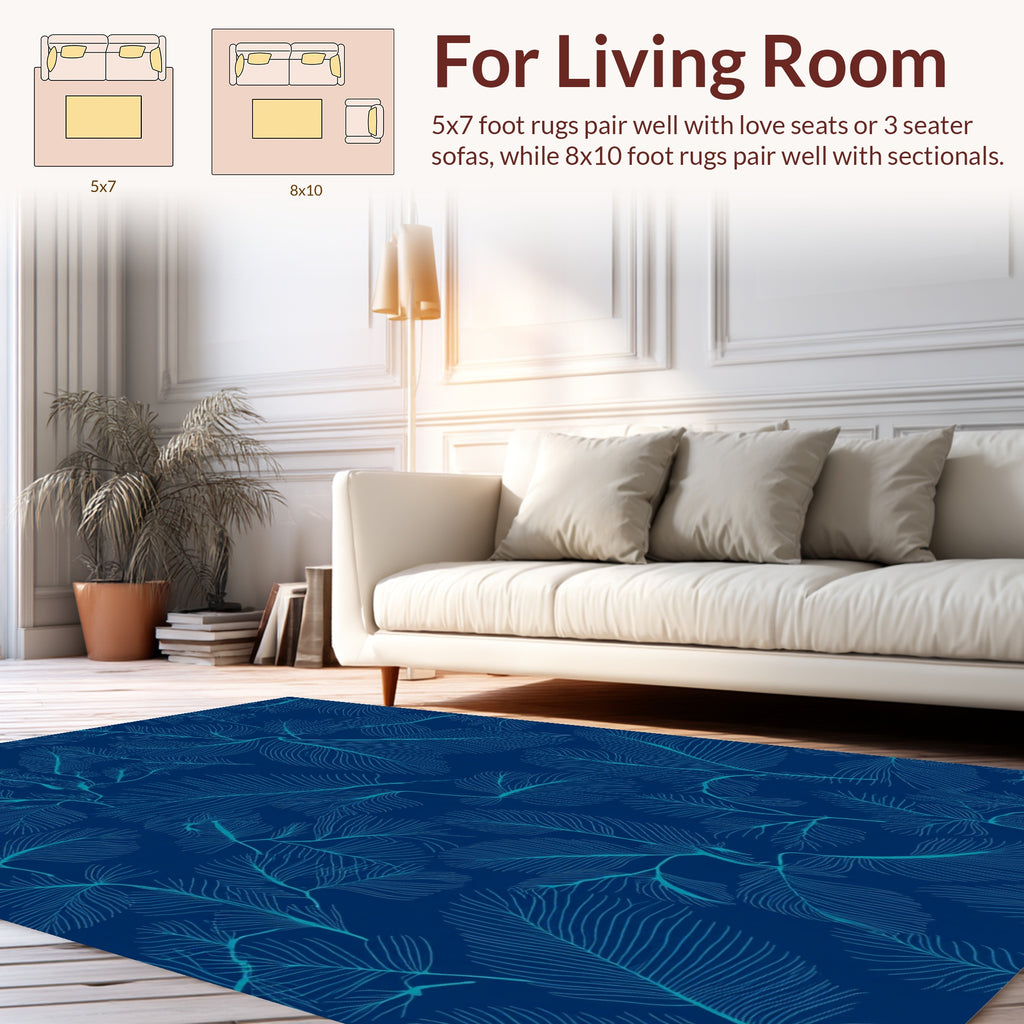 Deep Blue Feather Branch Pattern Rug
