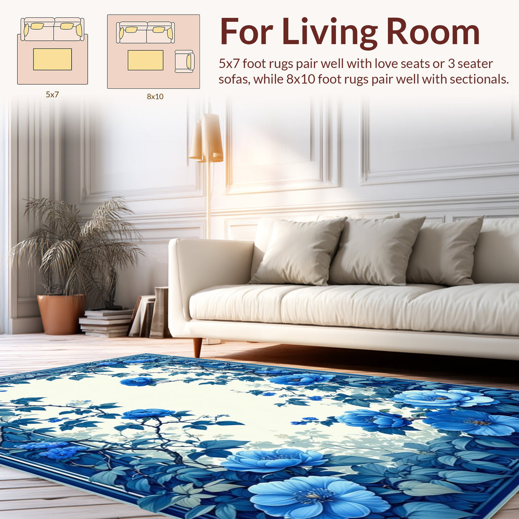 Ornate Blue Floral Vines Design Rug