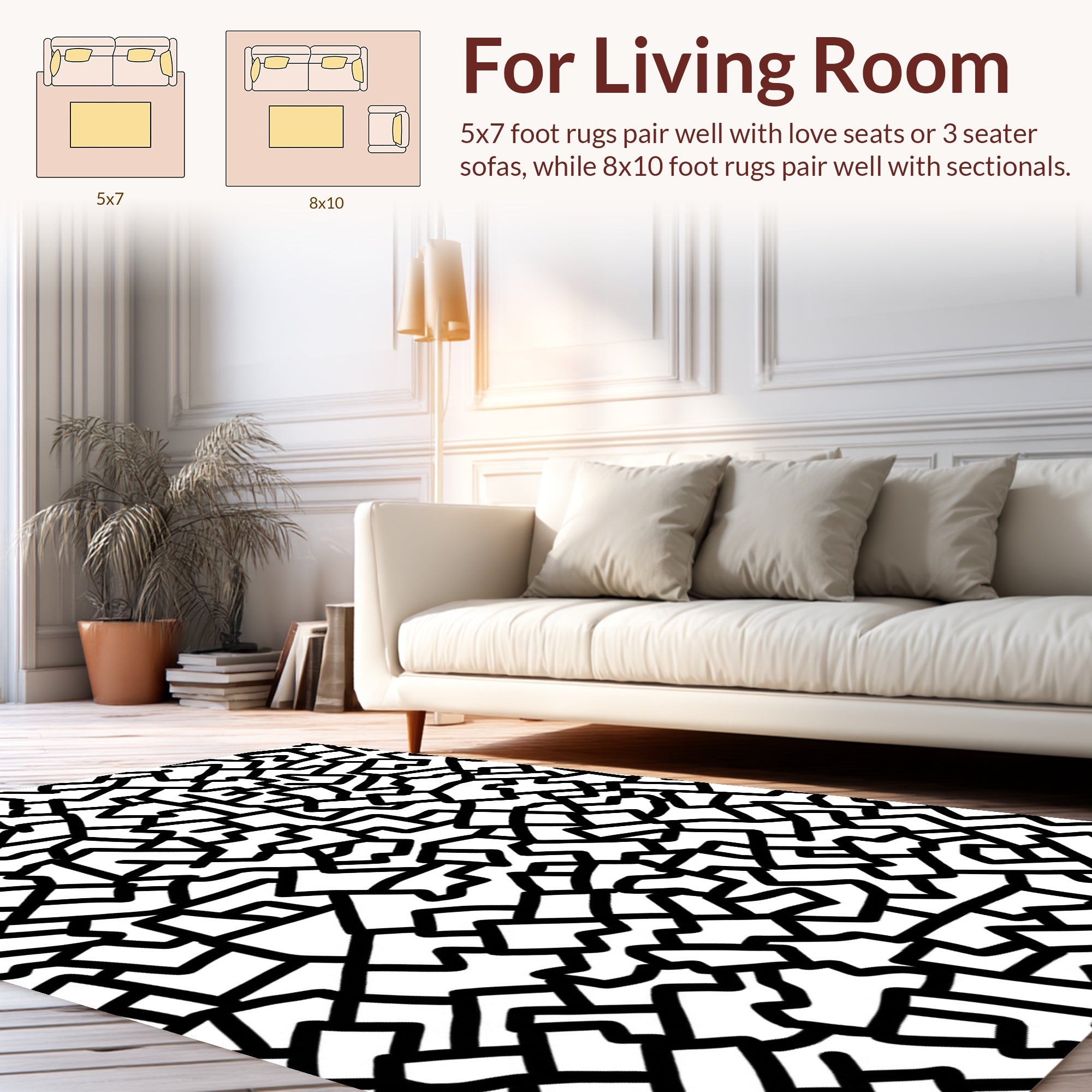 Abstract Black White Maze Pattern Rug