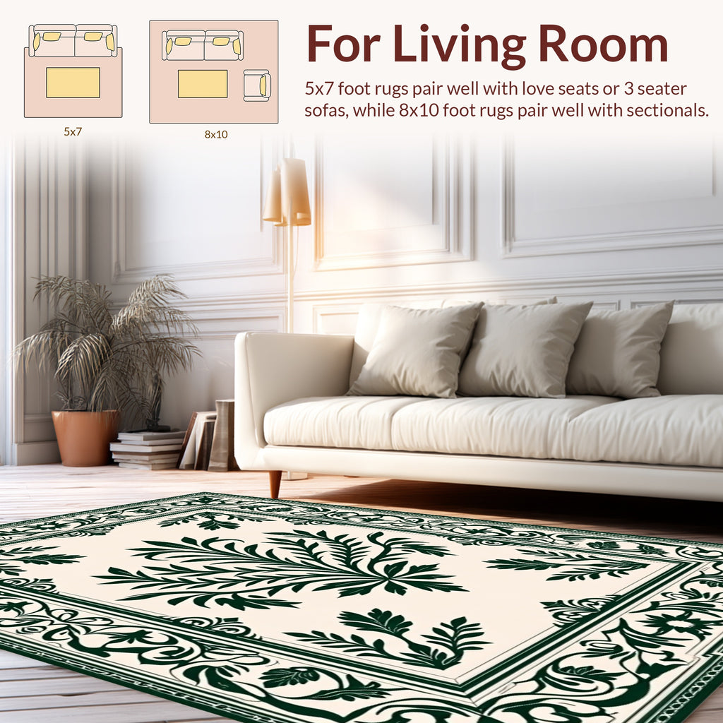 Elegant Dark Green Floral Scroll Pattern Rug