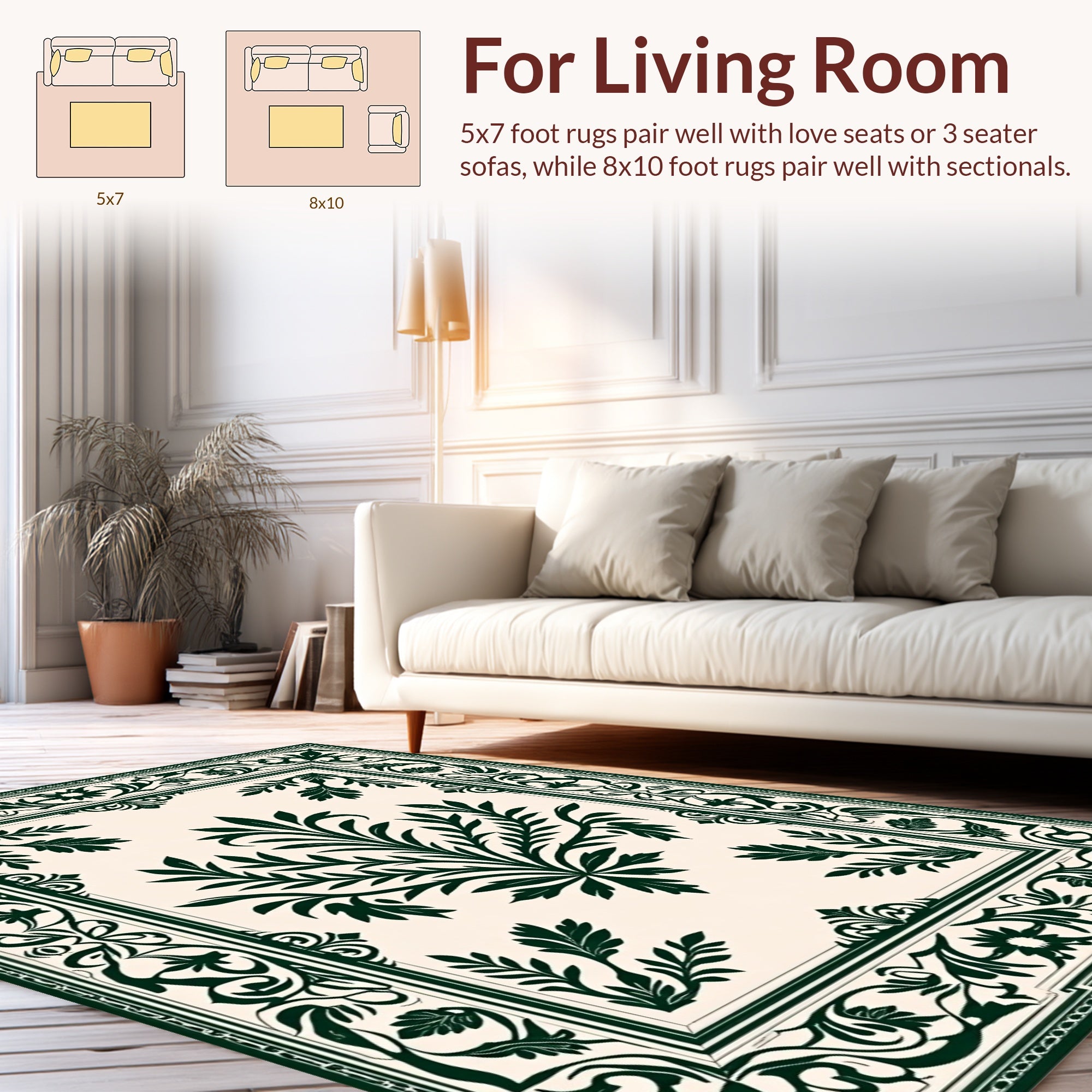 Elegant Dark Green Floral Scroll Pattern Rug