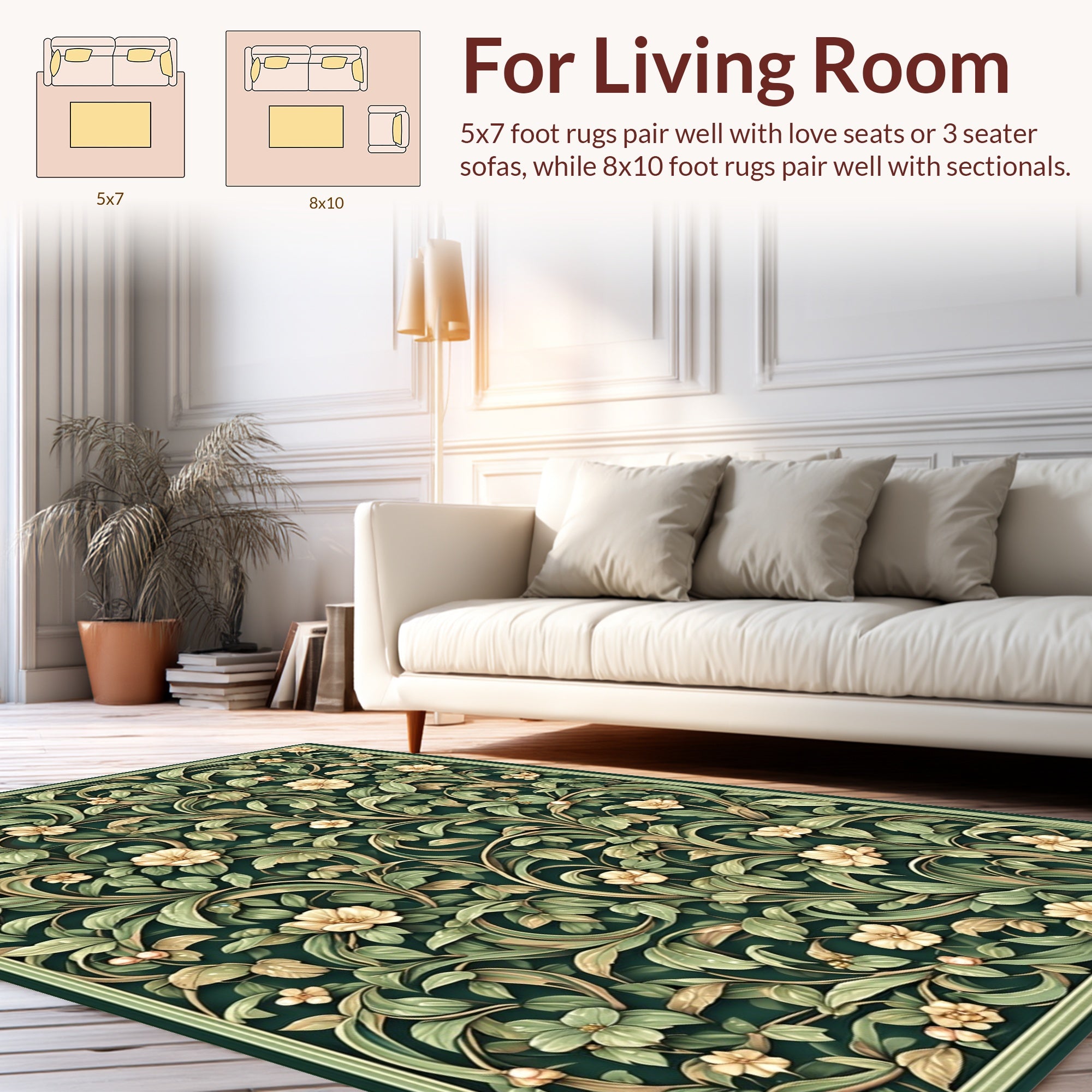 Deep Green Floral Vines Pattern Rug