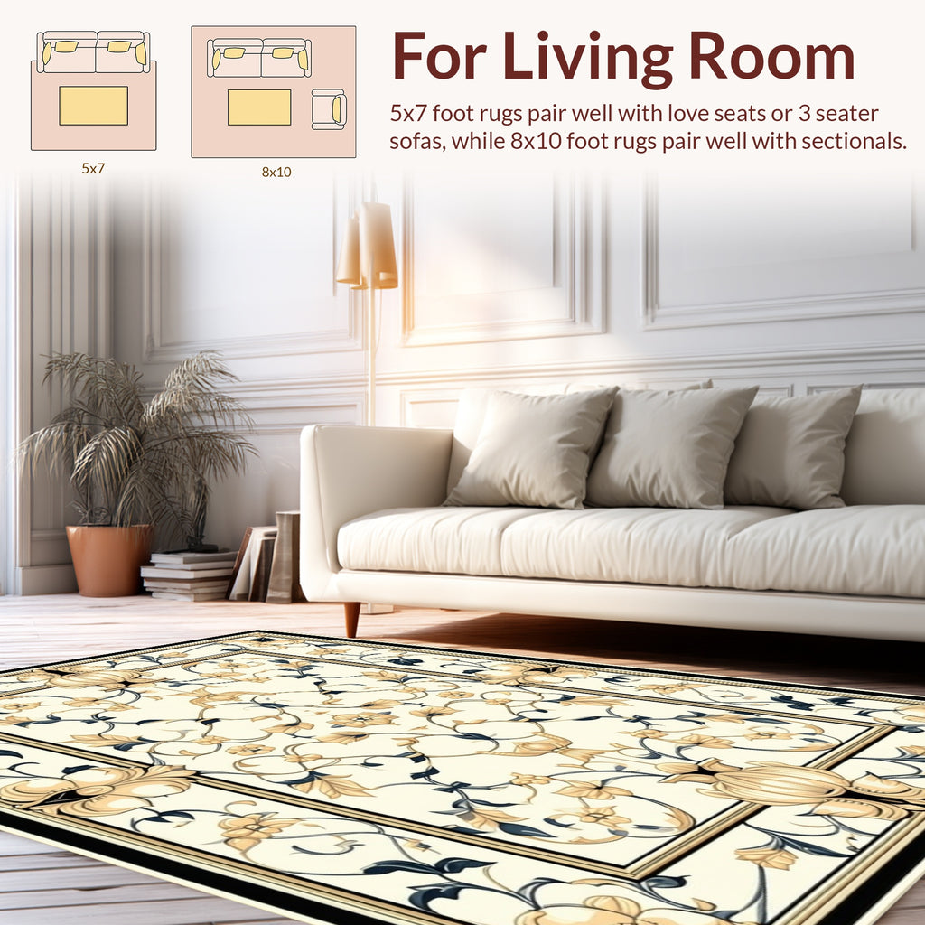 Elegant Cream Floral Vine Pattern Rug