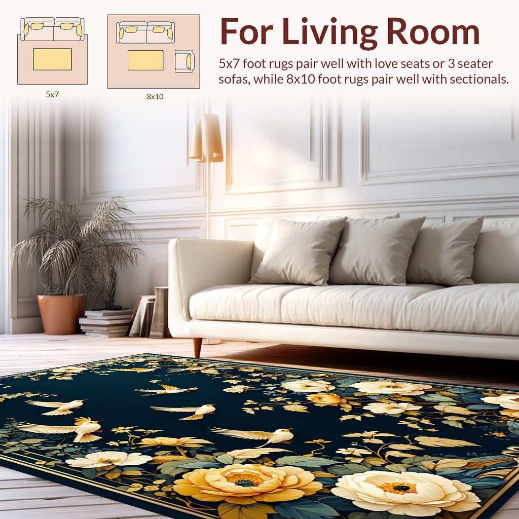 Floral Birds On Deep Blue Canvas Rug