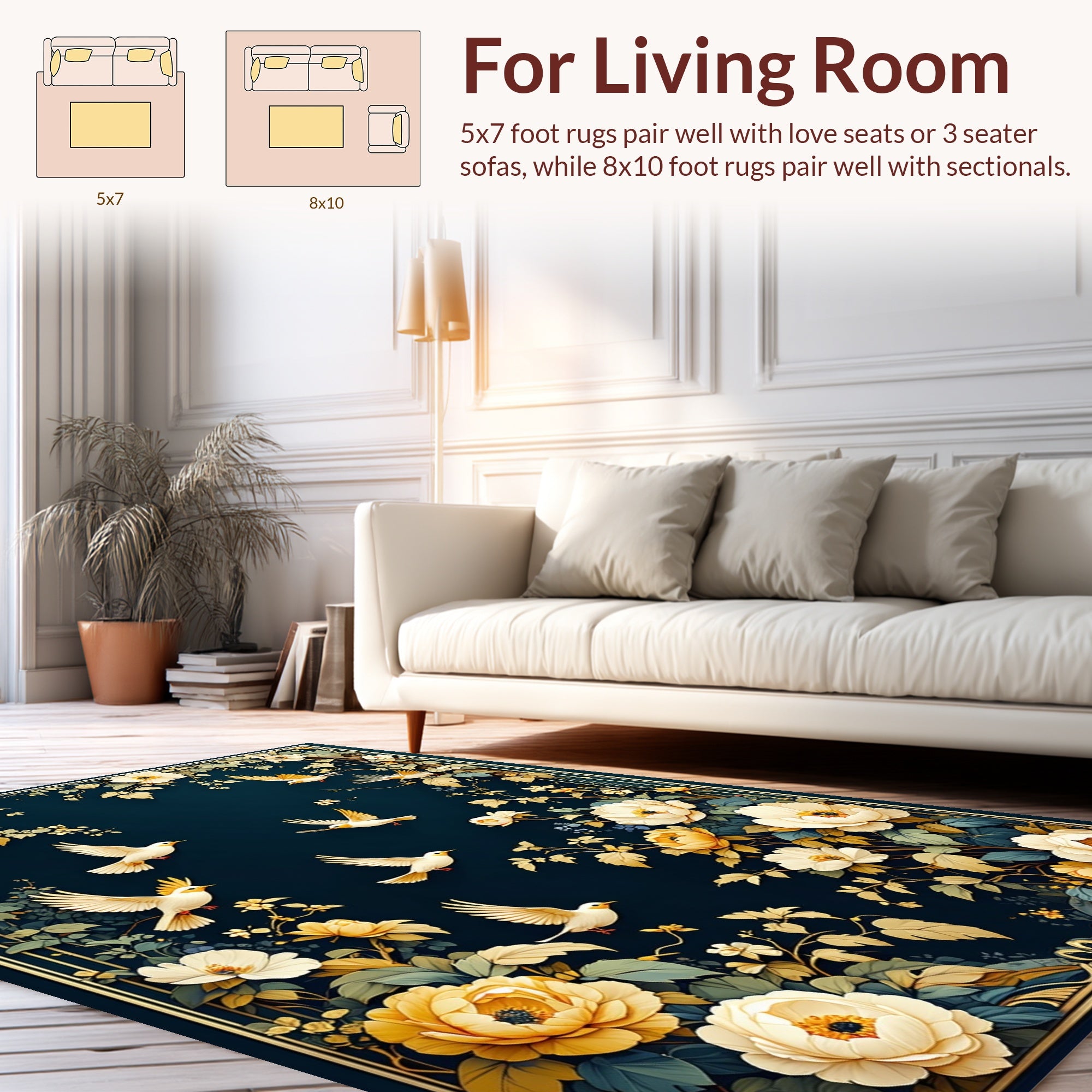 Floral Birds On Deep Blue Canvas Rug