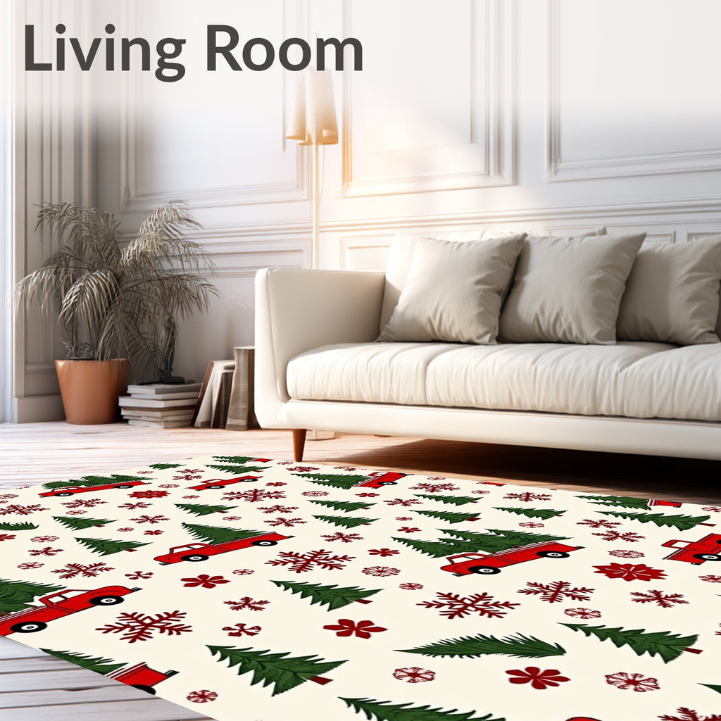Red Trucks Evergreen Snowflakes Scattered Rug