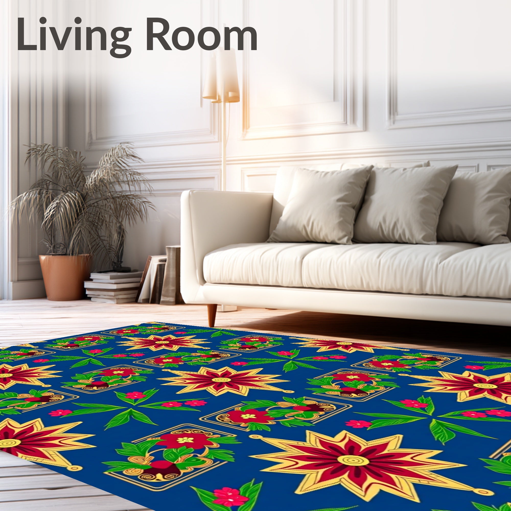 Crimson Gold Star Floral Border Rug