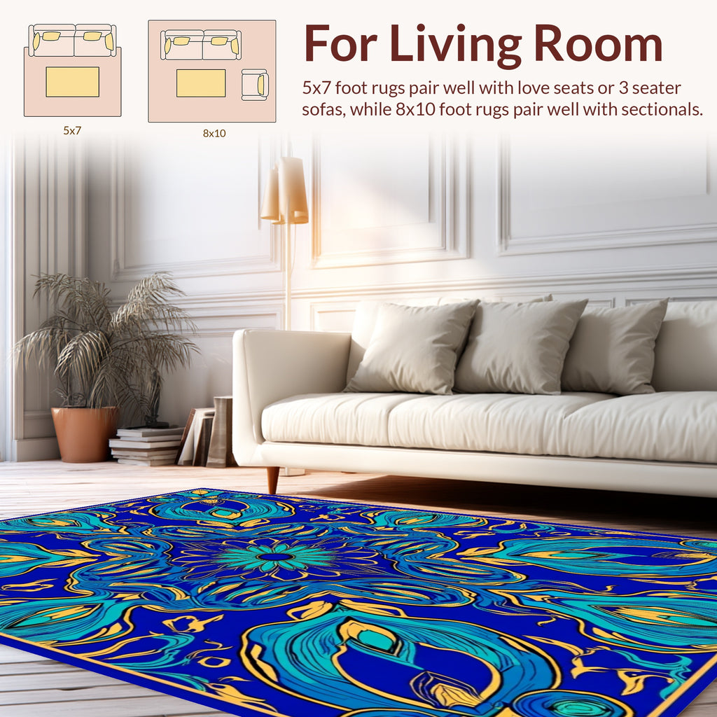Vibrant Blue Teal Floral Pattern Rug
