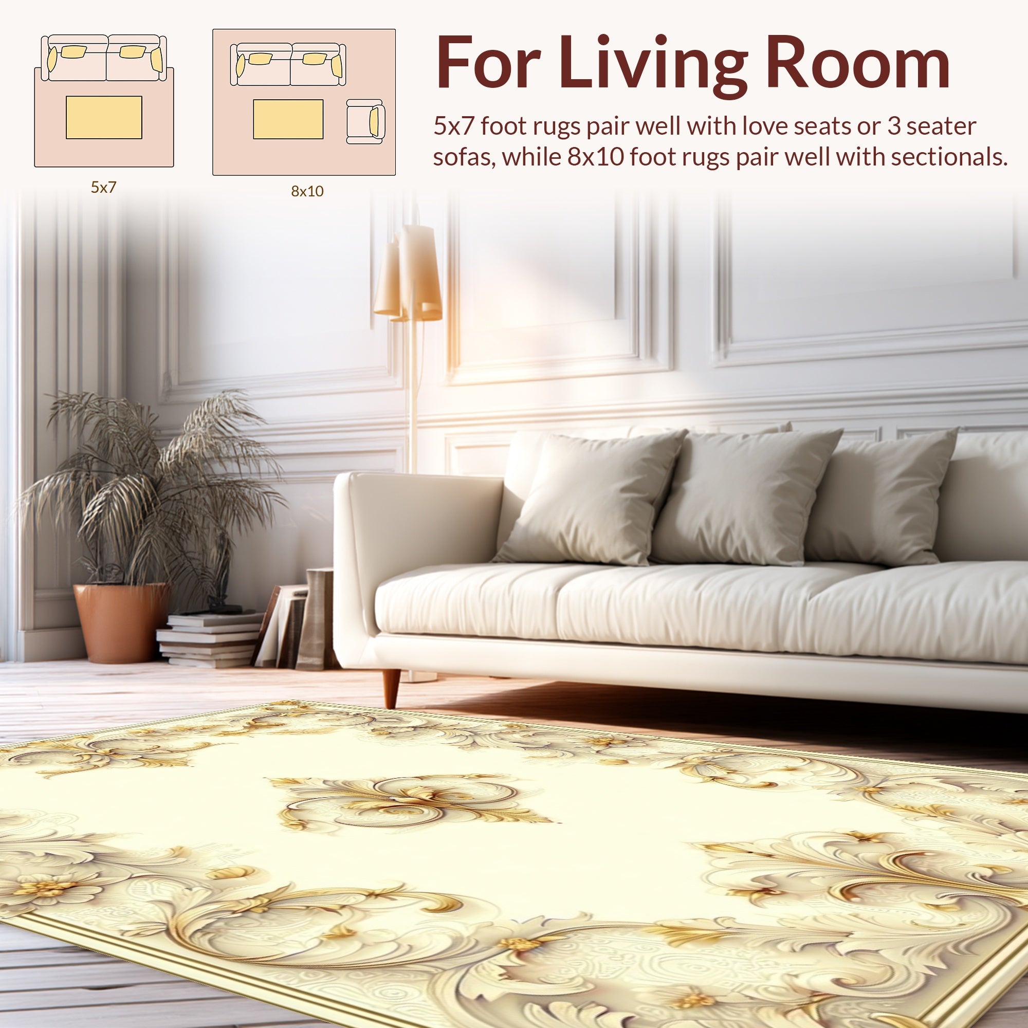 Ornate Gold Ivory Floral Scroll Rug