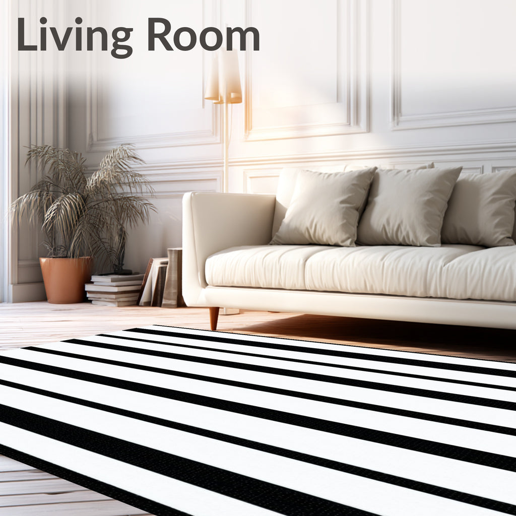 Bold Black White Stripe Design Rug
