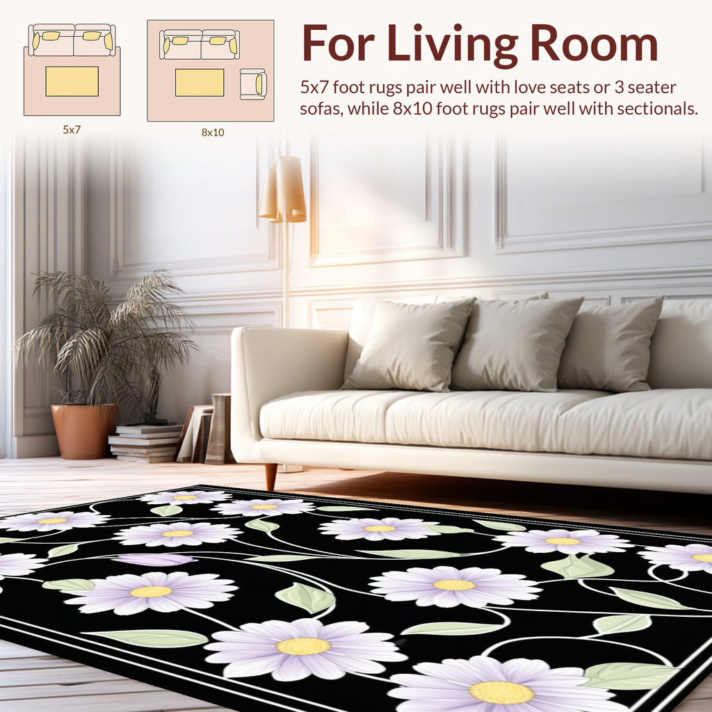 Light Floral Vines Black Pattern Rug