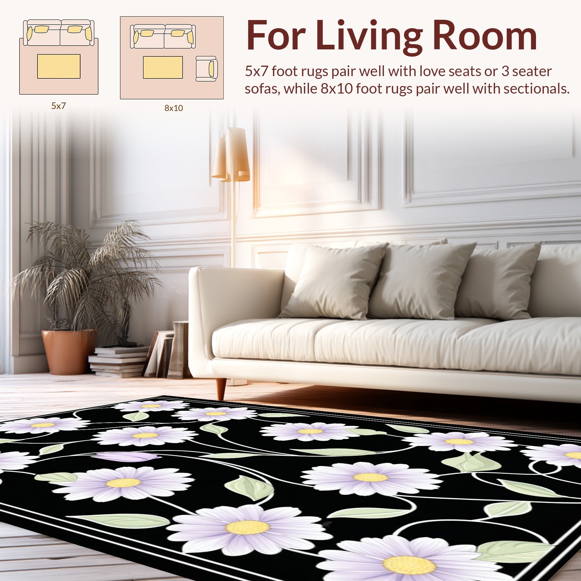 Light Floral Vines Black Pattern Rug