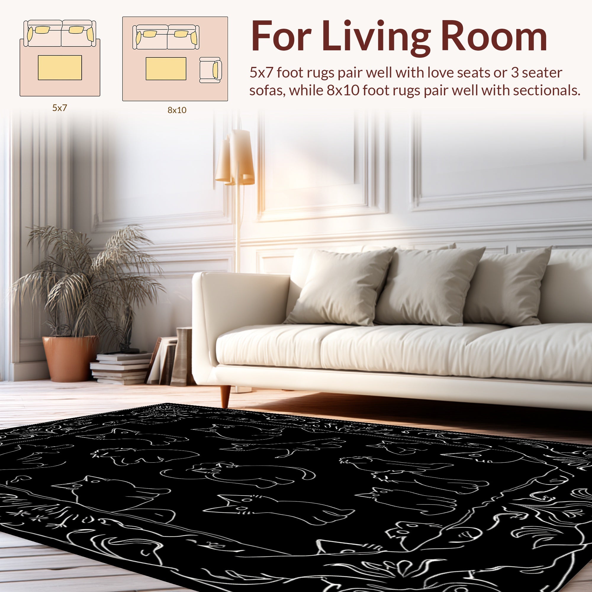 Whimsical Cat Illustrations In Black White Rug