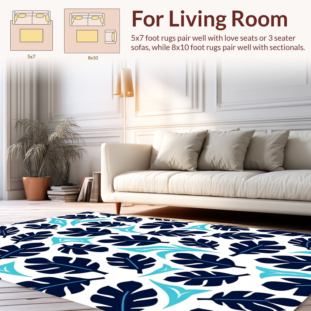 Deep Blue Tropical Leaf Pattern Rug