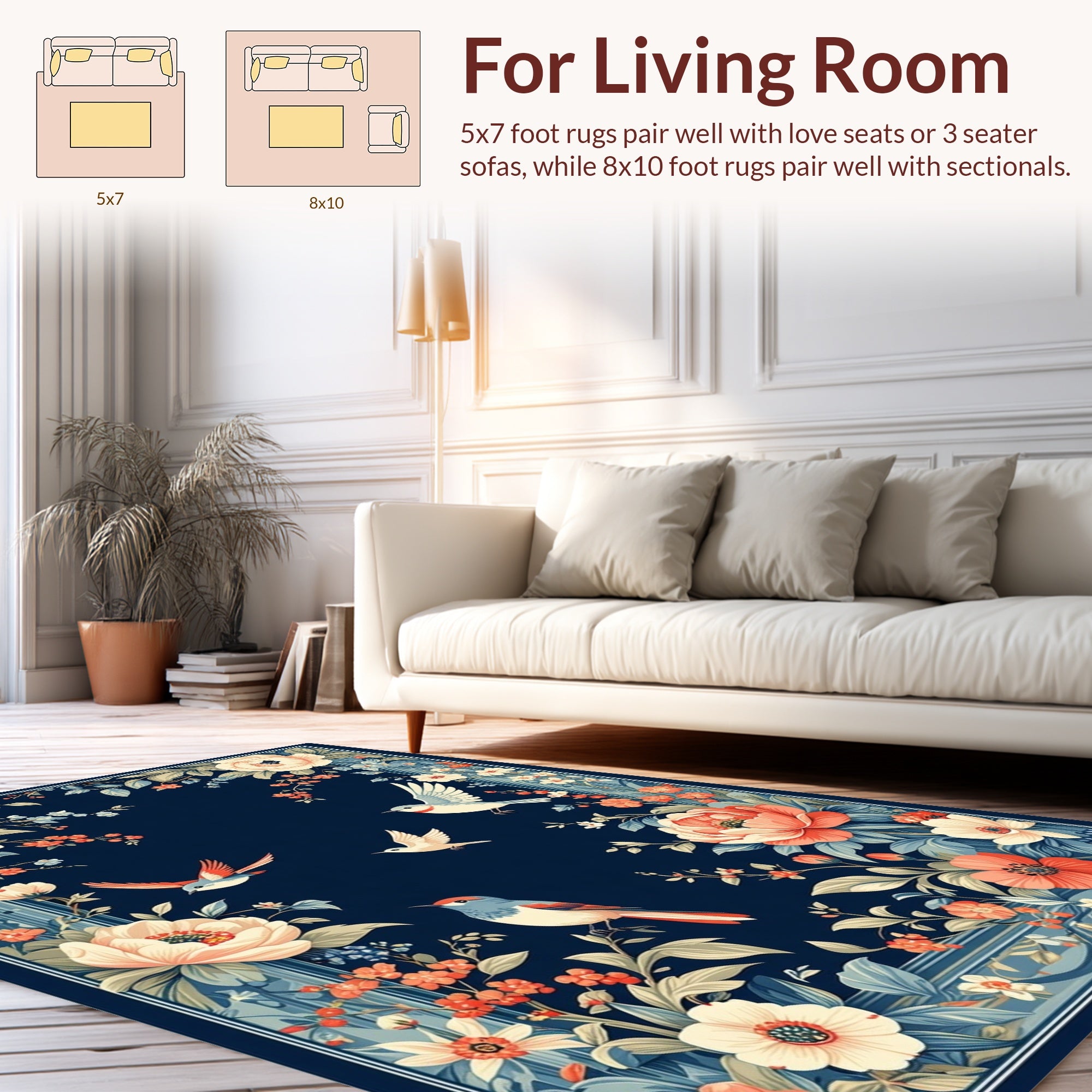 Floral Birds with Navy Background Pattern Rug