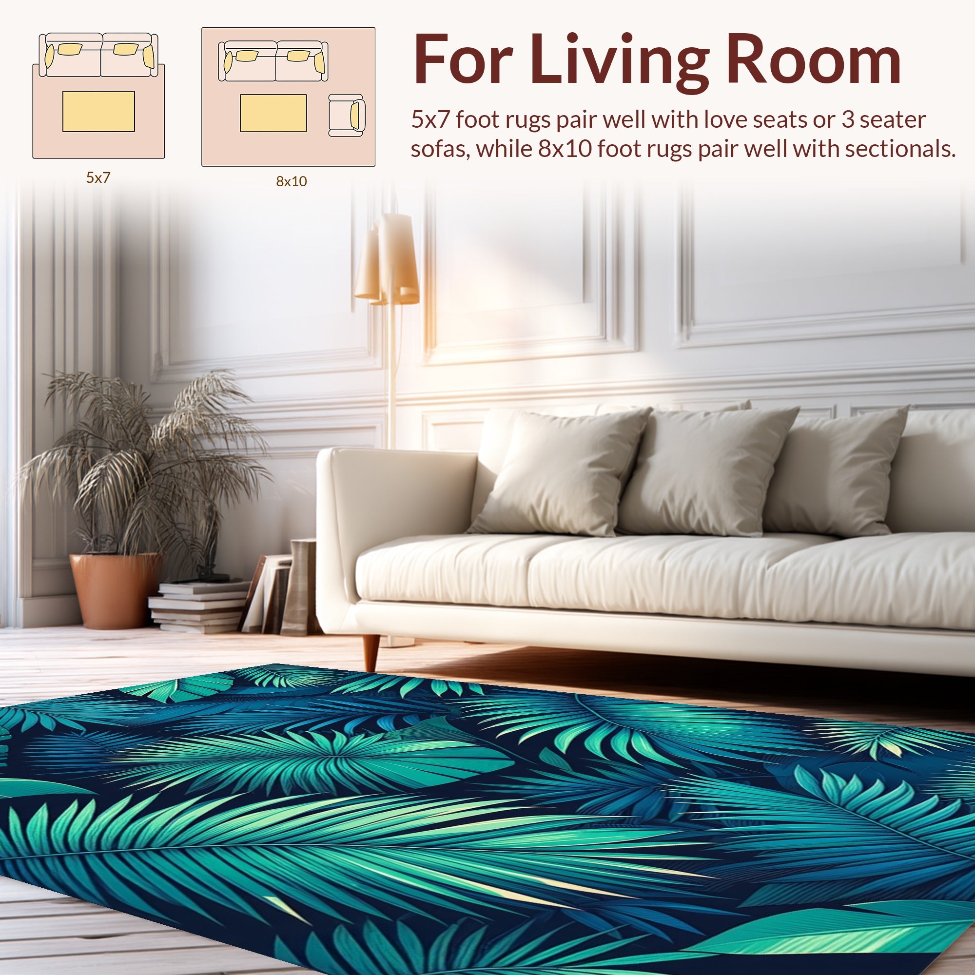 Vibrant Teal Tropical Leaf Pattern Rug
