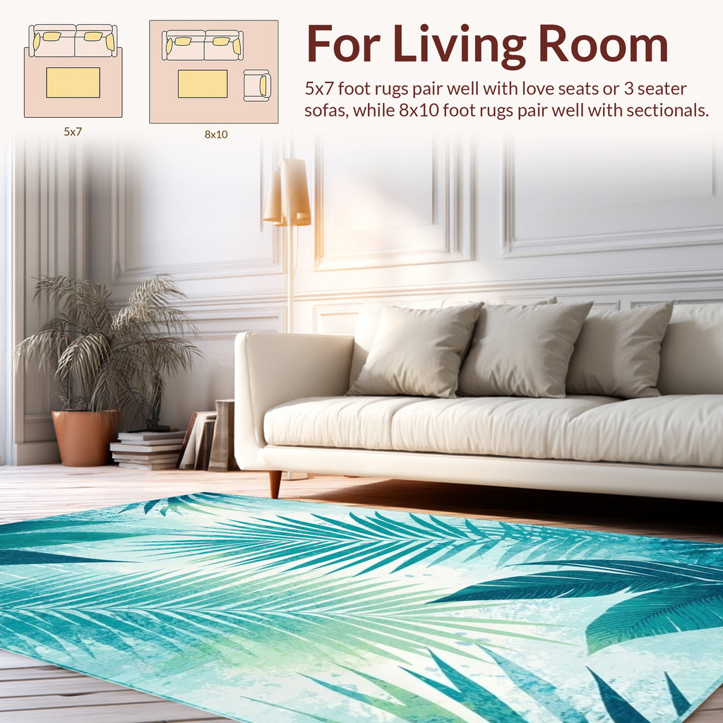 Tropical Teal Fern Leaf Pattern Rug