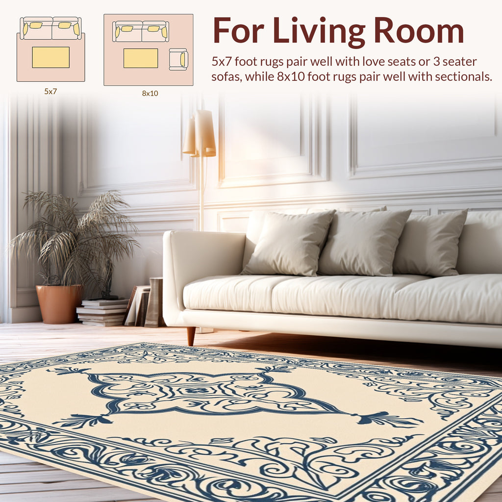 Ornate Navy Scrollwork Ceramic Tile Rug