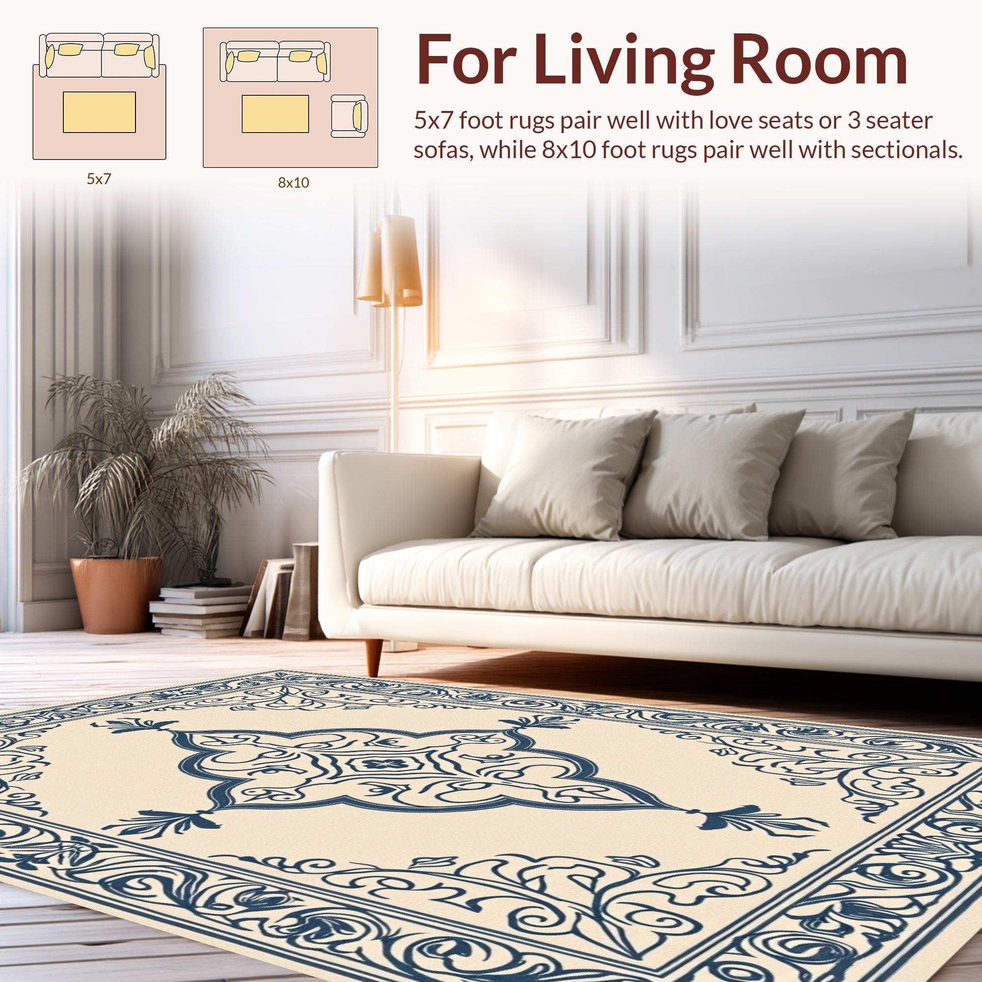 Ornate Navy Scrollwork Ceramic Tile Rug