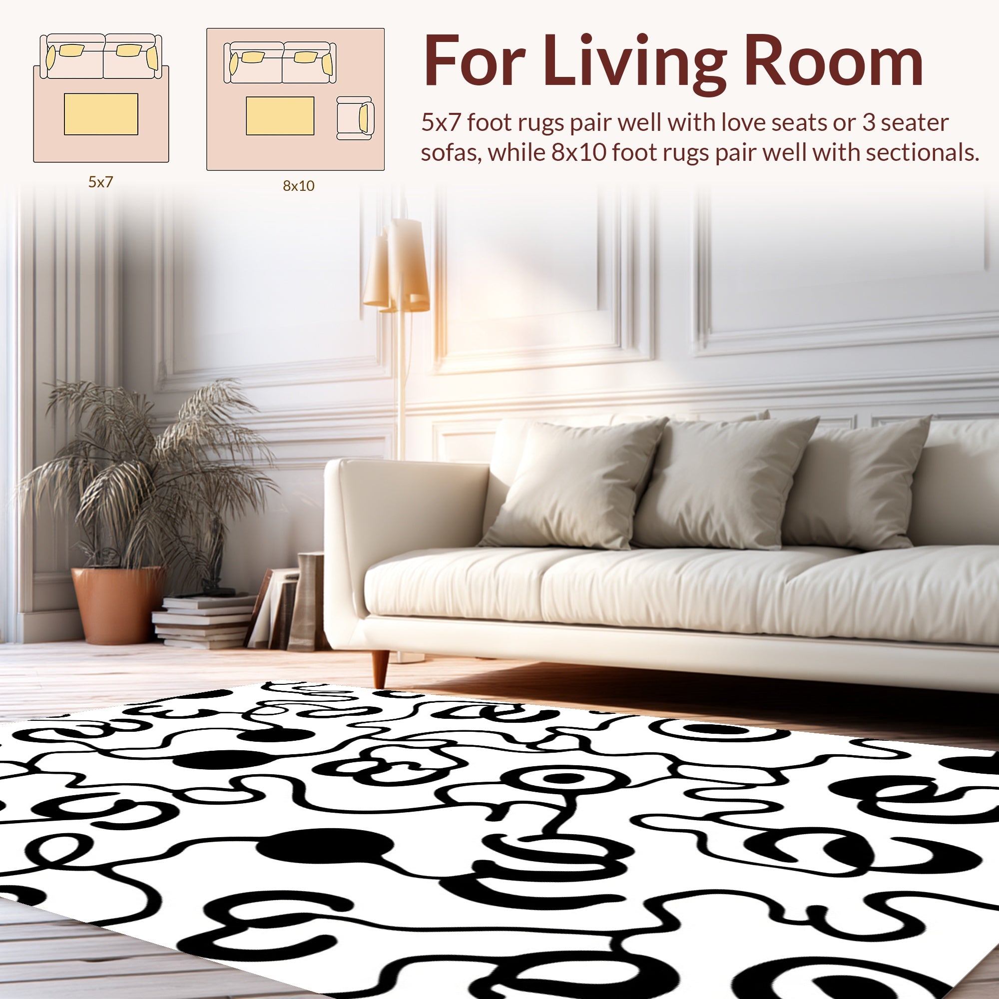 Abstract Black White Organic Swirls Design Rug