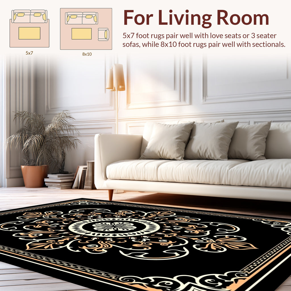 Ornate Black Cream Amber Floral Design Rug