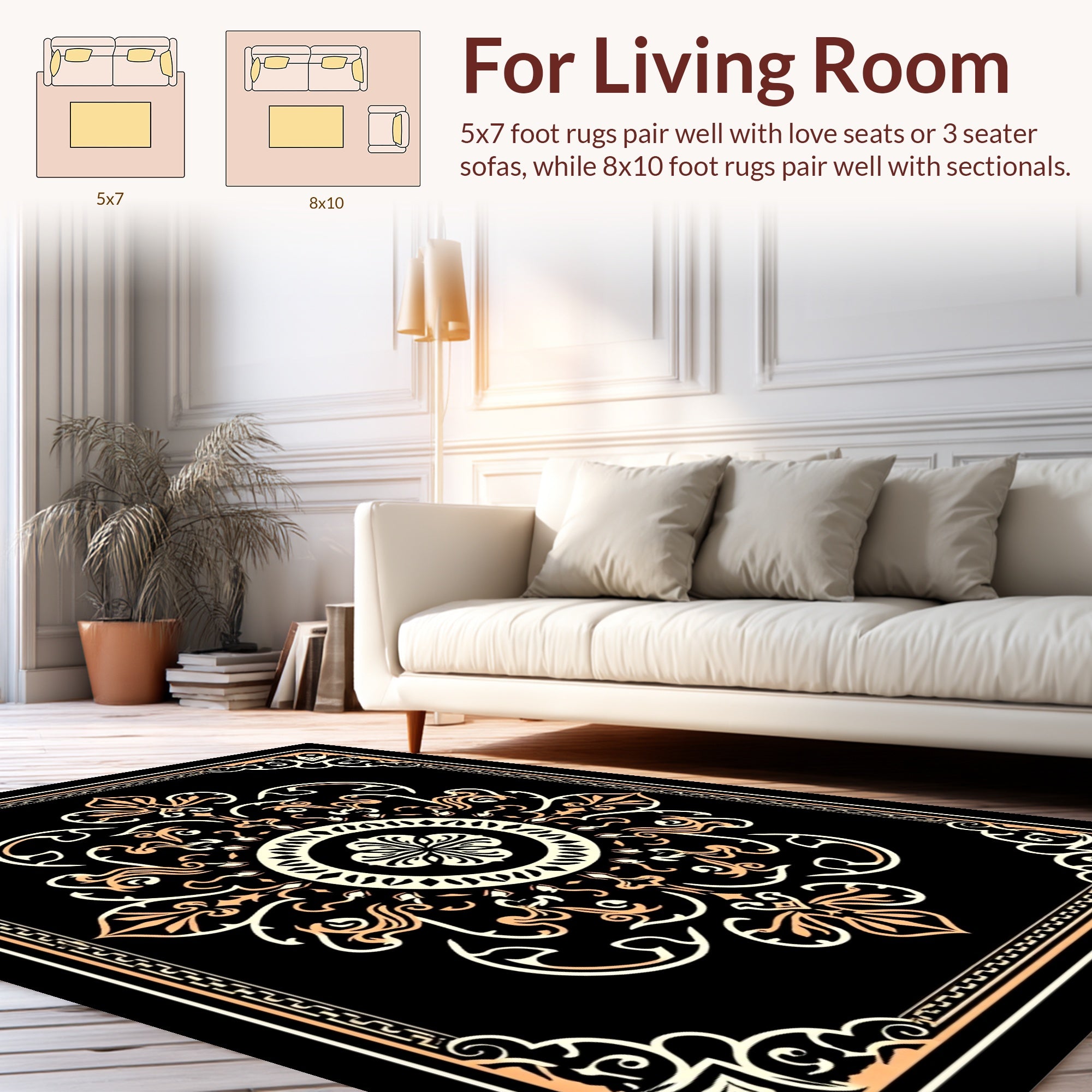 Ornate Black Cream Amber Floral Design Rug