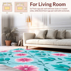 Pink Flowers Teal Leaves Pattern Rug
