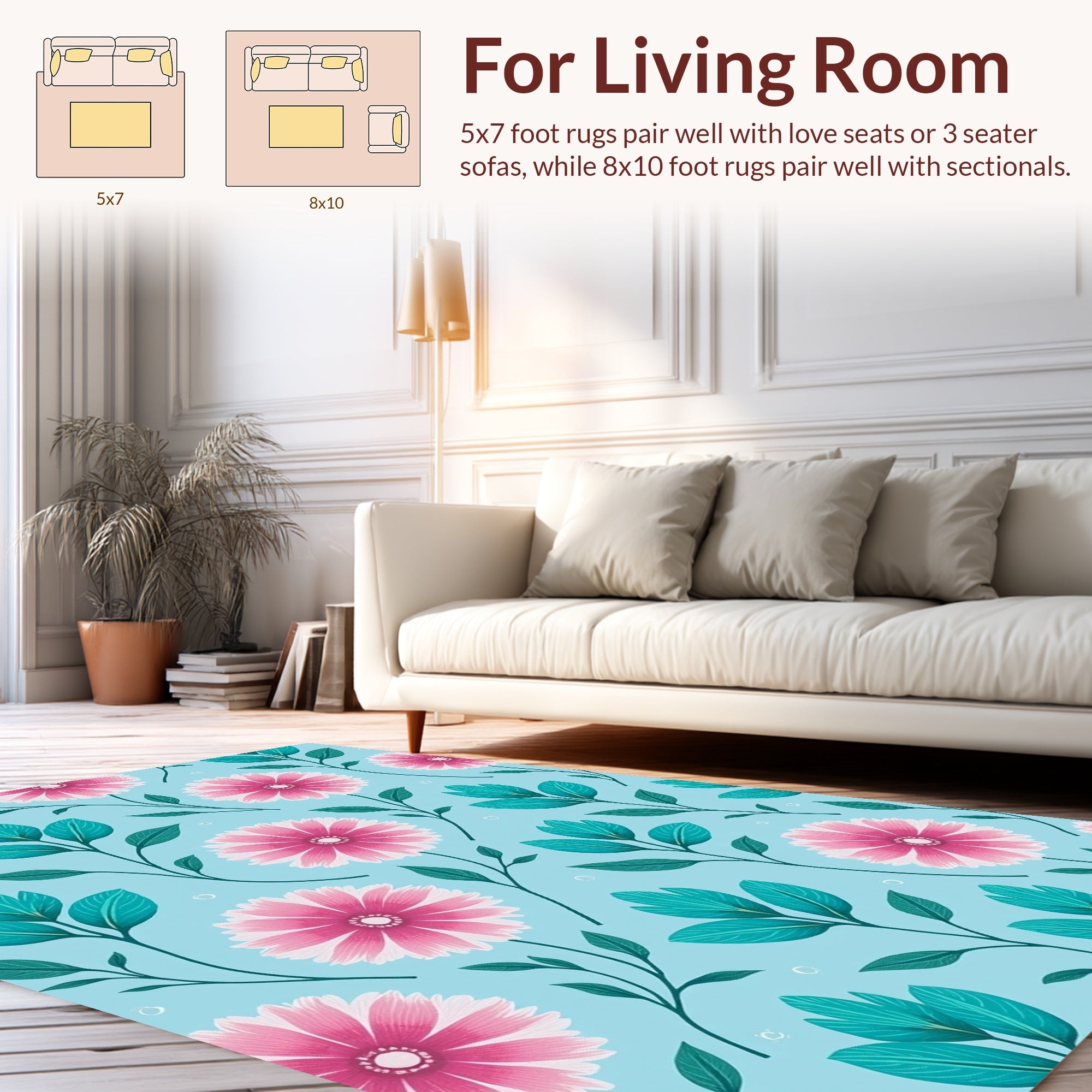 Pink Flowers Teal Leaves Pattern Rug